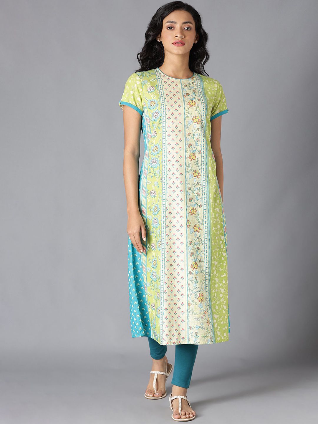 AURELIA Women Lime Green Floral Printed Kurta-picture-19