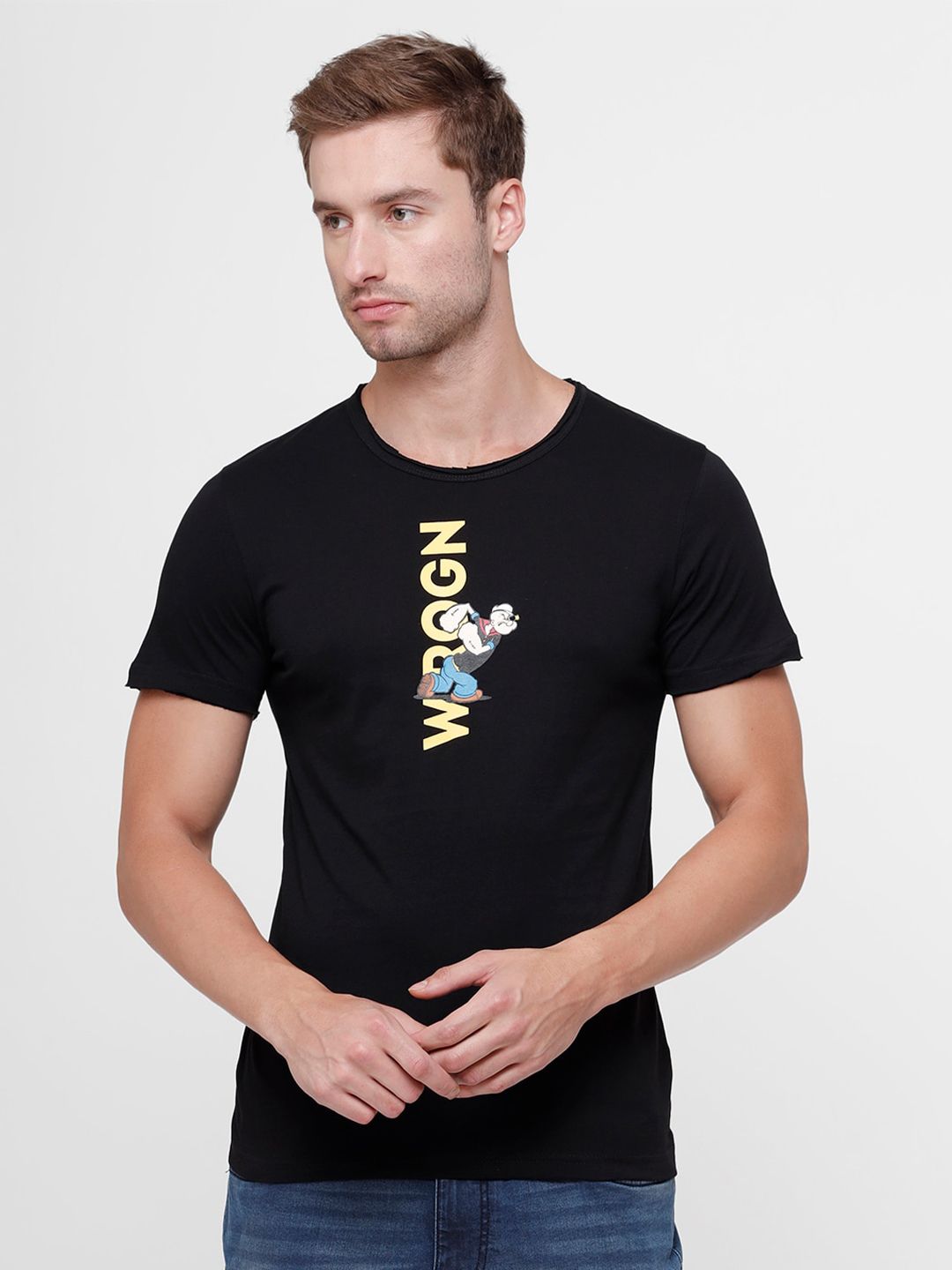 WROGN Men Black Brand Logo Printed Slim Fit Cotton T-shirt