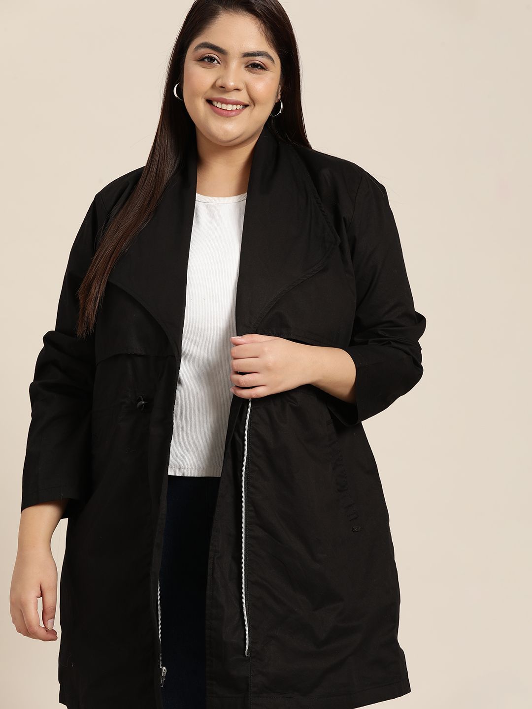 Sztori Women Plus Size Black Solid Overcoat