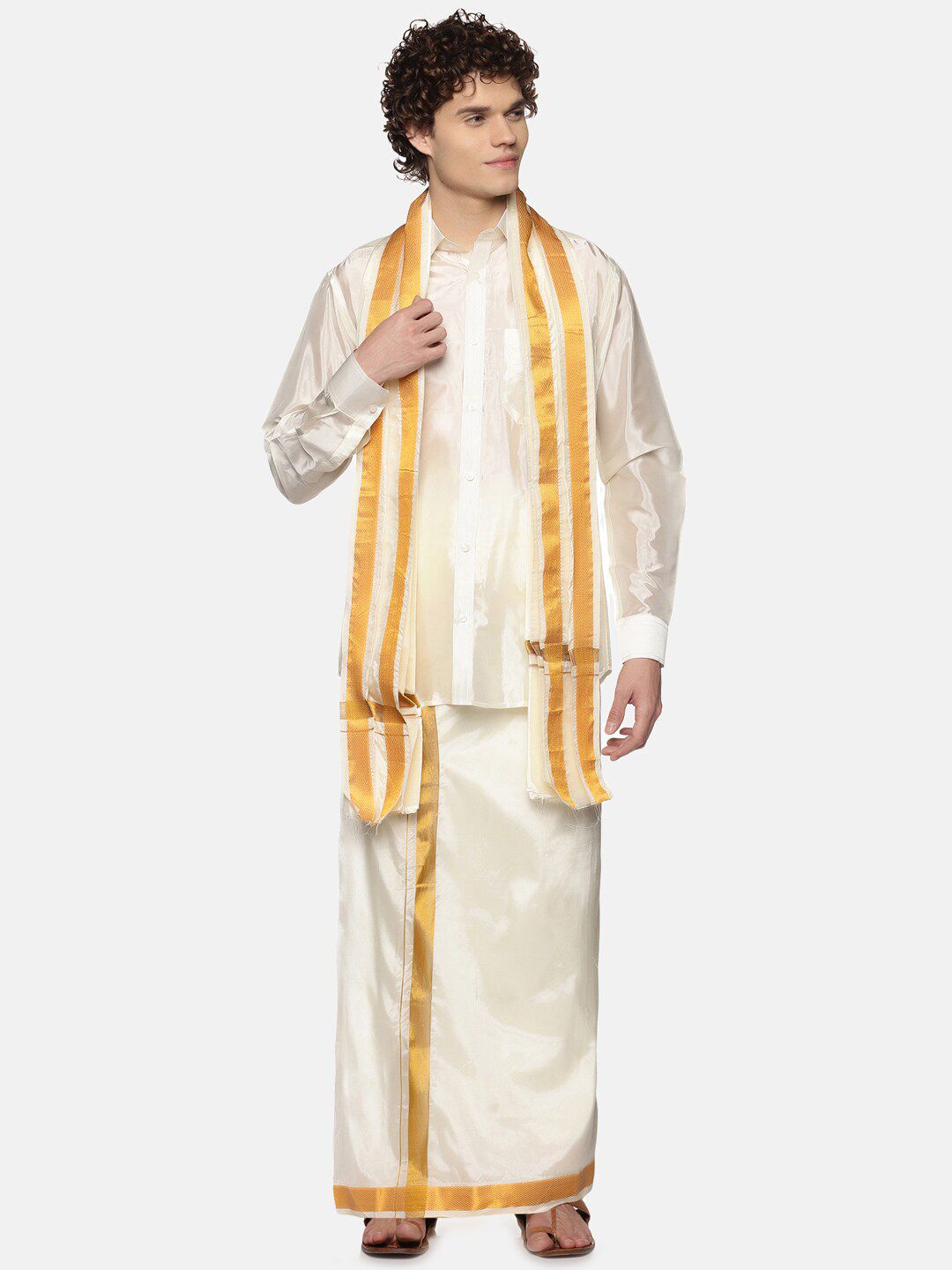 Sethukrishna Men Cream-Coloured Solid Art Silk Dhoti With Angavastram-picture-16