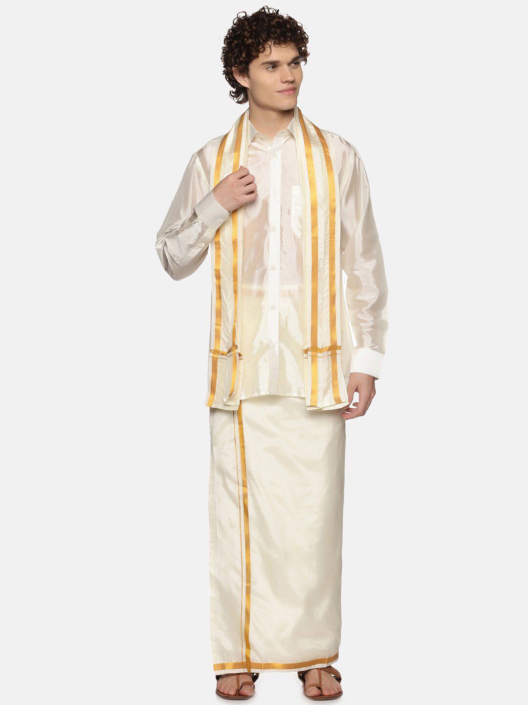 Sethukrishna Men Cream-Coloured Solid Dhoti With Angavastram-picture-14