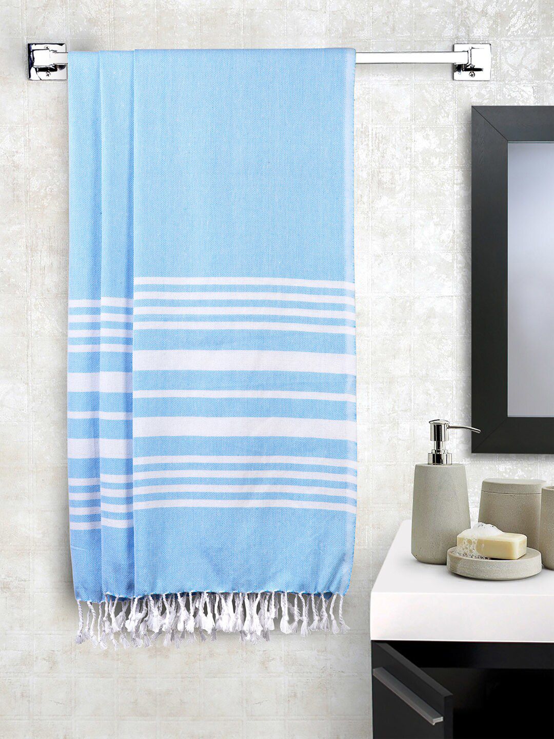 KLOTTHE Unisex Set of 3 Blue & White Striped 233 GSM Bath Towels-image-42