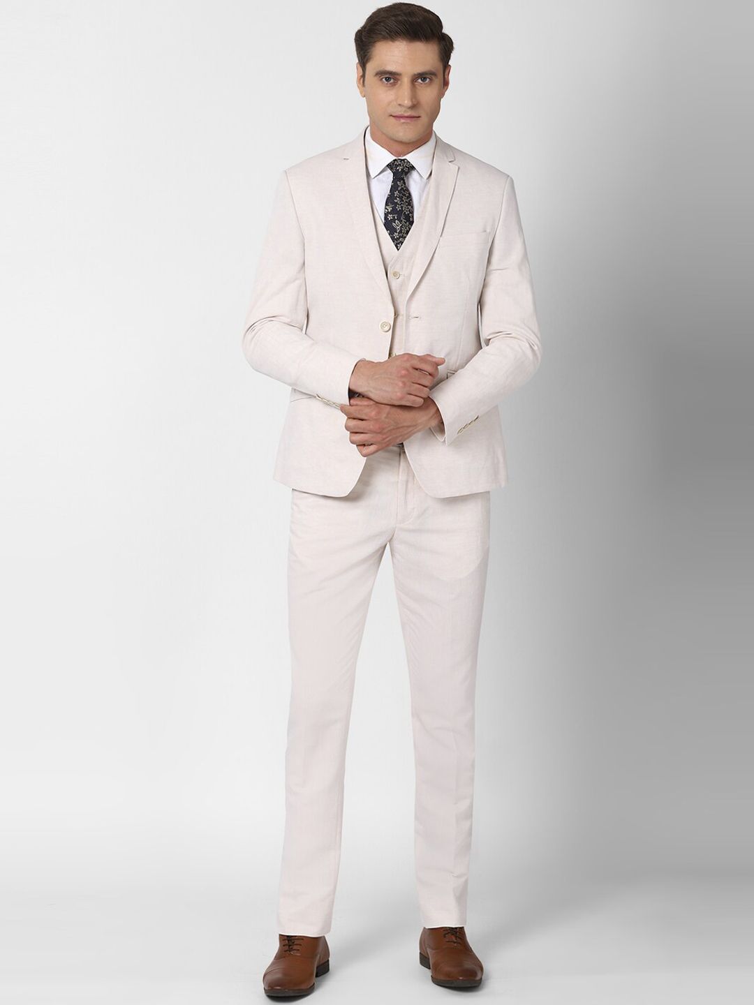 van heusen V Dot Men Off White Self-Design Slim-Fit Single-Breasted 3-Piece Formal Suit-picture-17