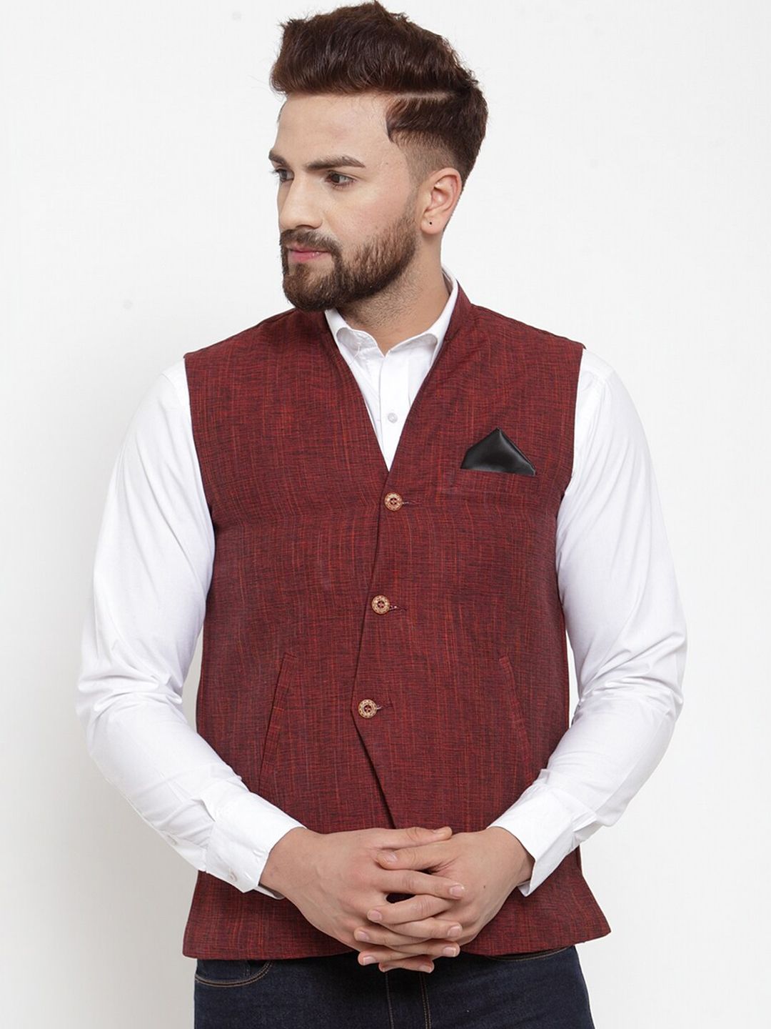 KLOTTHE Men Maroon Self Design Pure Cotton Nehru Jackets-picture-35