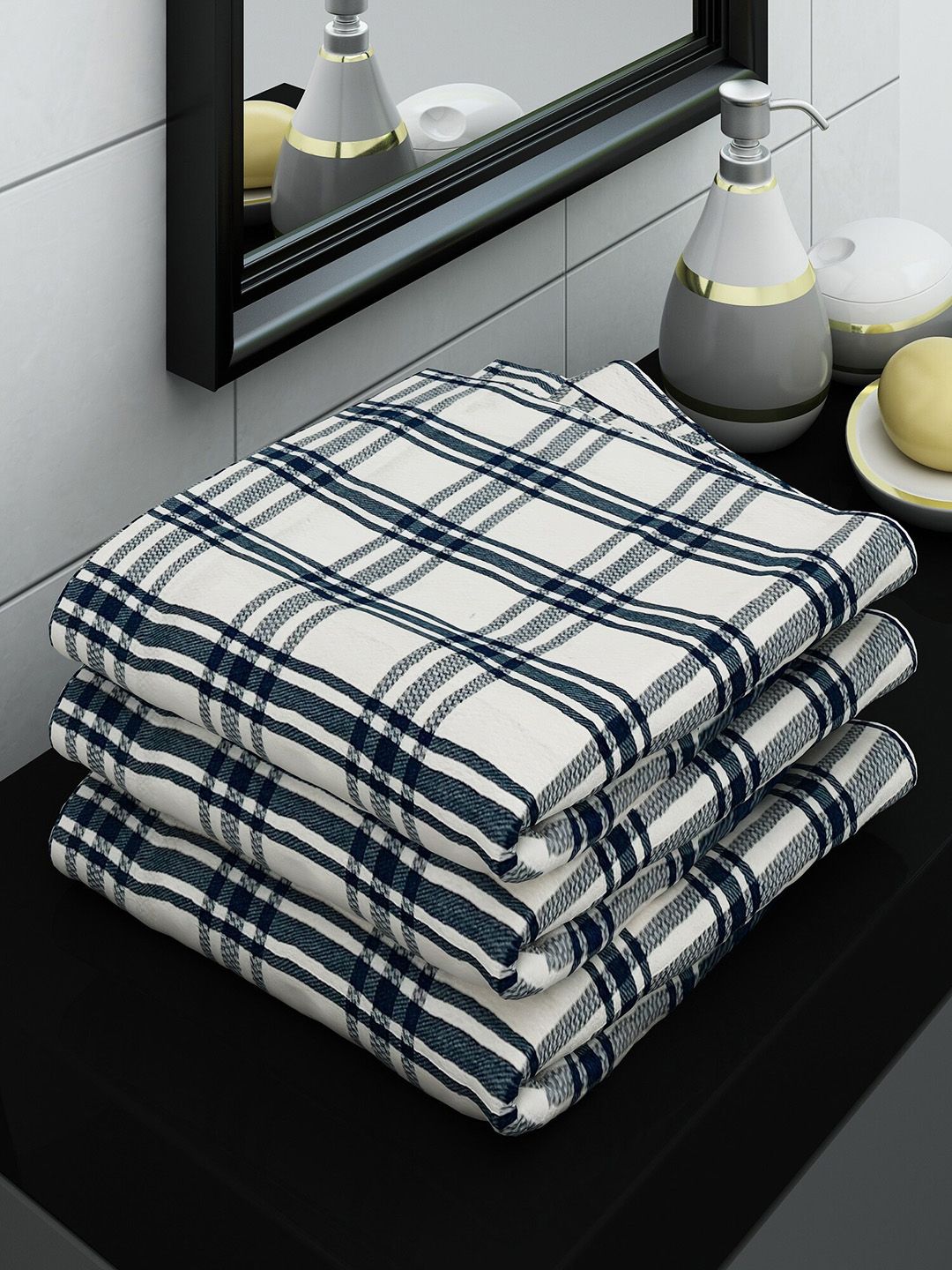 Athom Trendz Set Of 3 White & Blue Checked 210 GSM Cotton Bath Towels-image-0