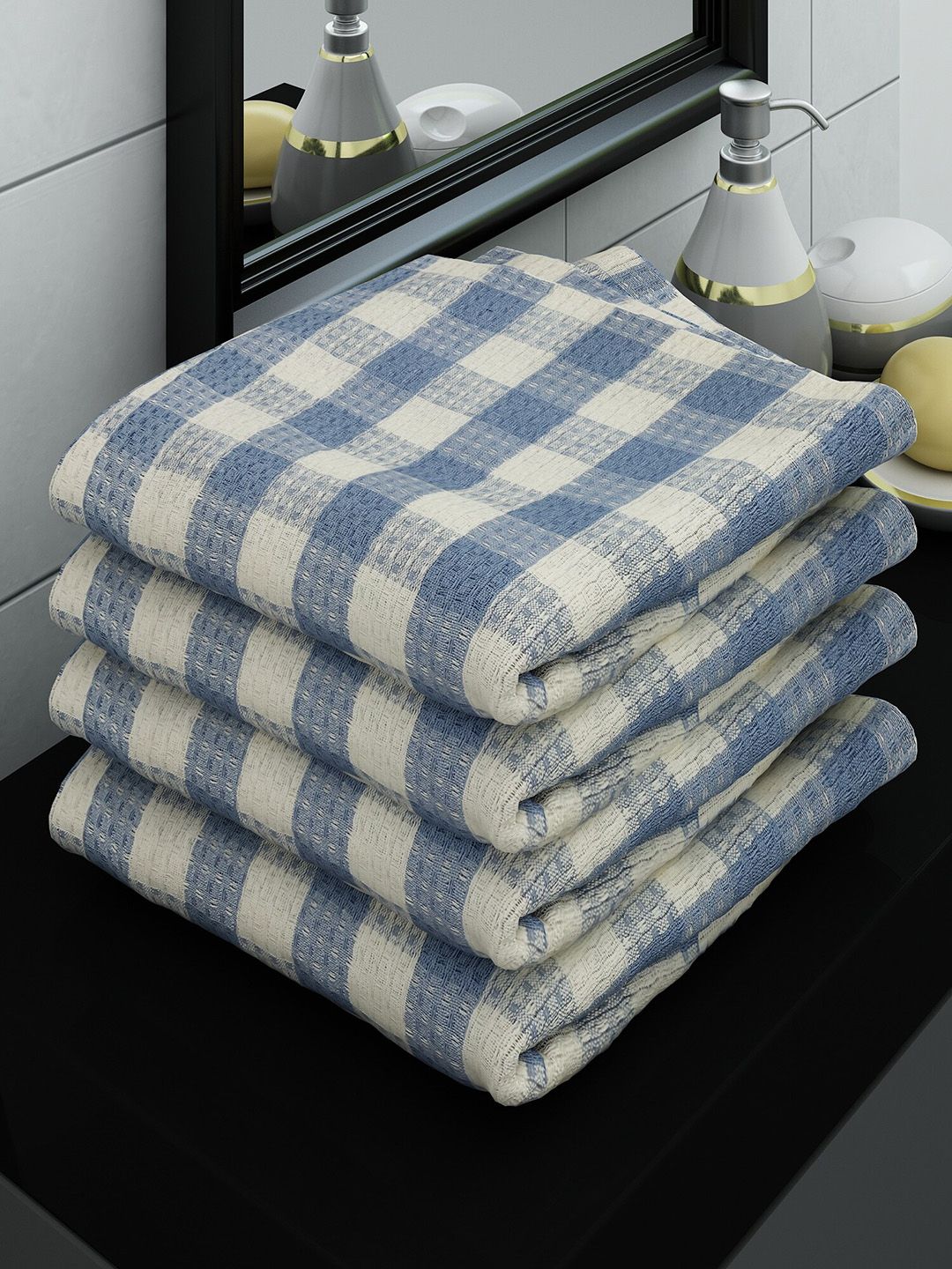 Athom Trendz Set of 4 Blue Checked Cotton Bath Towel-image-5