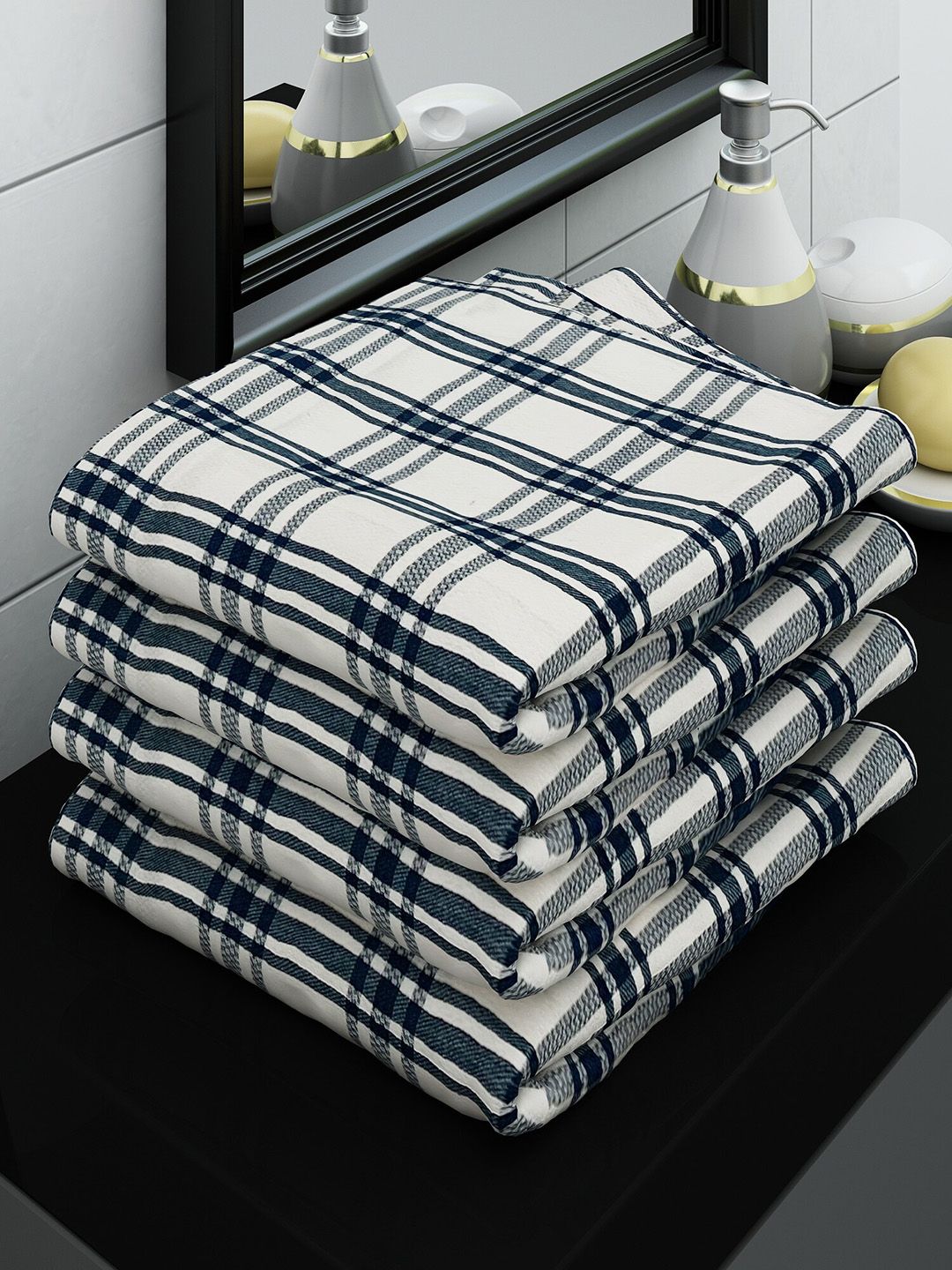 Athom Trendz Set Of 4 White & Blue Checked 210 GSM Cotton Bath Towels-picture-47