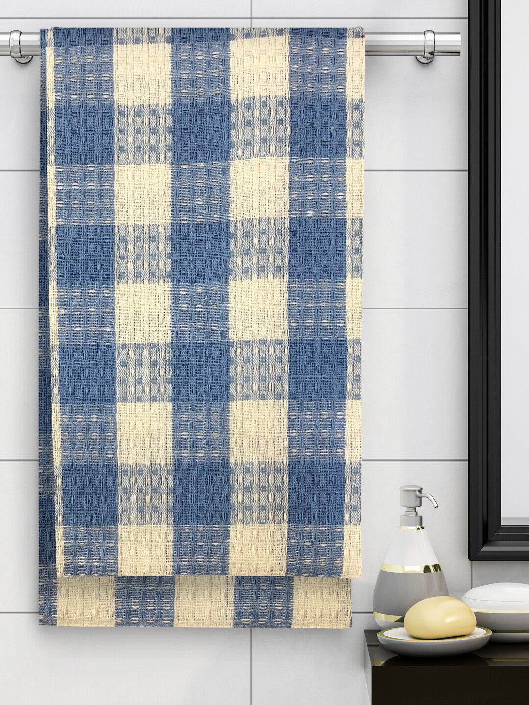Athom Trendz Pack of 2 Blue & Beige Checked 210GSM Eco Savior Premium Cotton Bath Towel-image-8