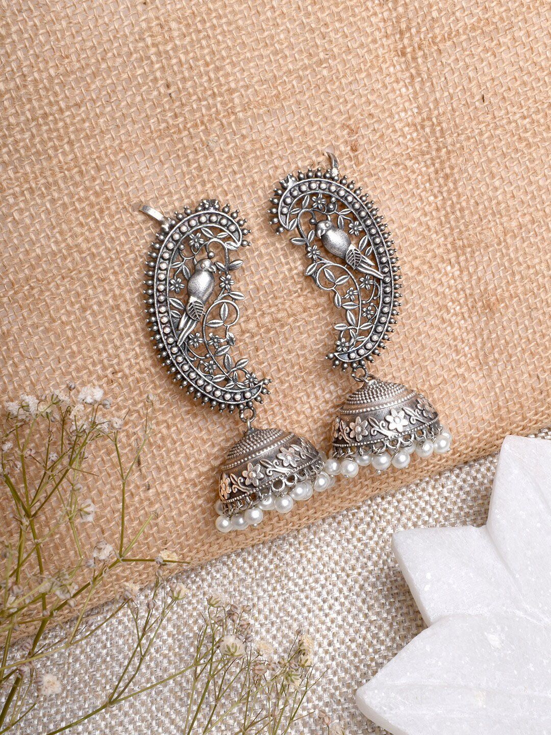 TEEJH Silver-Toned Contemporary Chandbalis Earrings-image-44