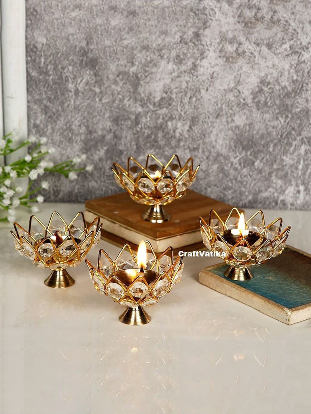 CraftVatika Set of 12 Gold-Toned Brass Crystal Bowl Design Akhand Diya-picture-19