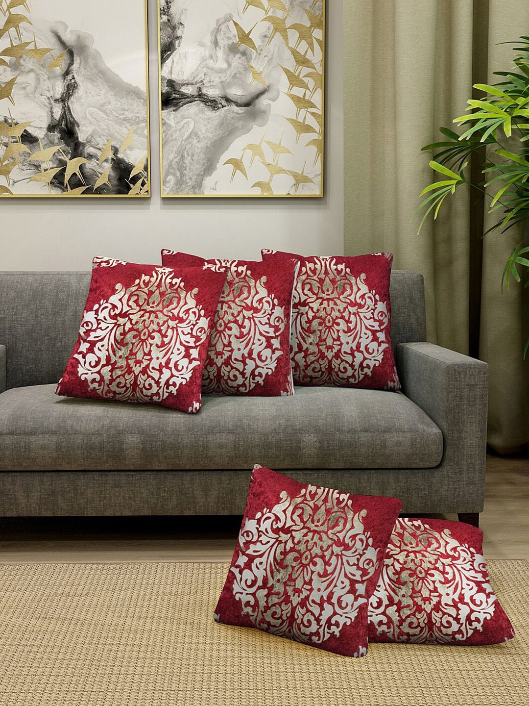 KLOTTHE Maroon & Golden Set of 5 Ethnic Motifs Velvet Square Cushion Covers-picture-11