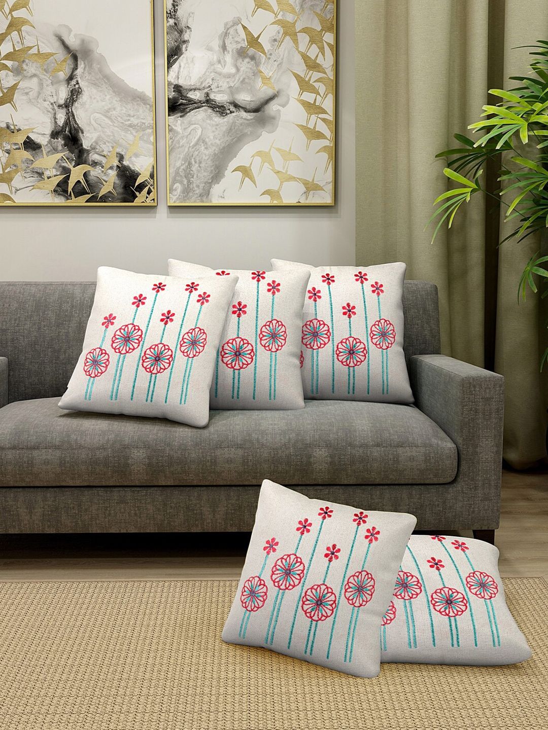 KLOTTHE Off White & Red Set of 5 Embroidered Square Cushion Covers-image-30