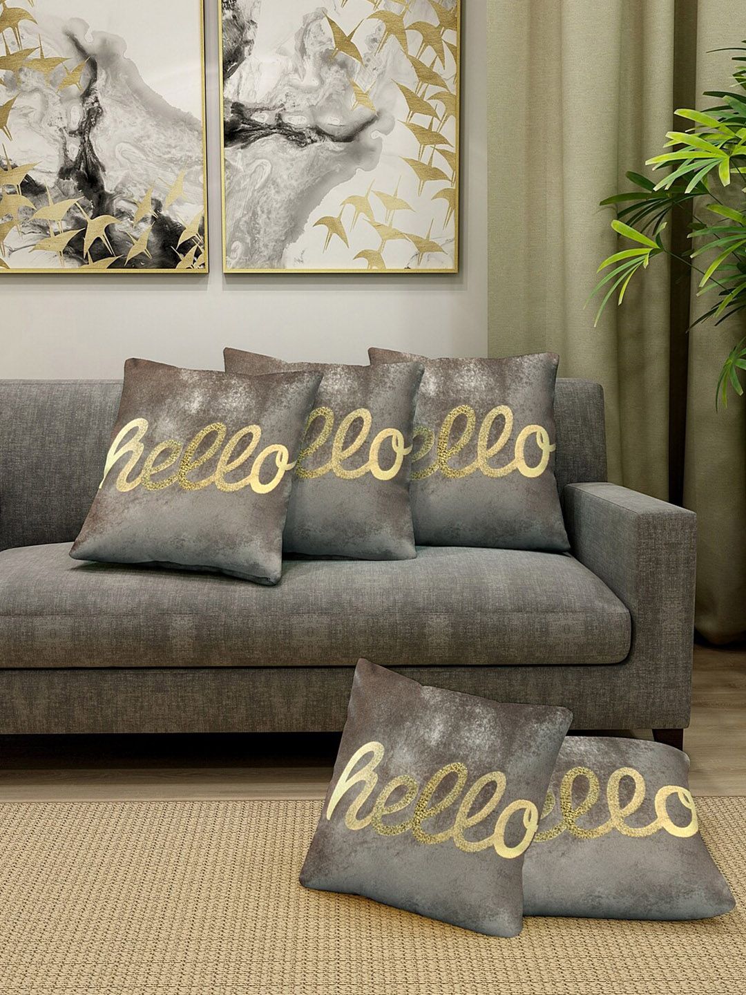 KLOTTHE Grey & Gold-Toned Set of 5 Embellished Velvet Square Cushion Covers-image-46