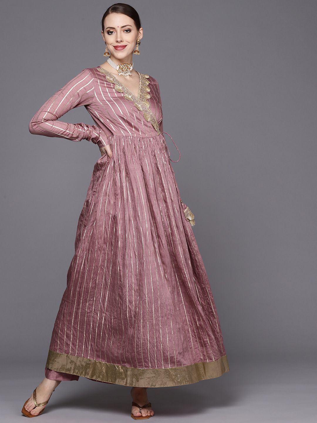 Varanga Women Rose Striped Angrakha Chanderi Silk Kurta with Trousers-picture-25