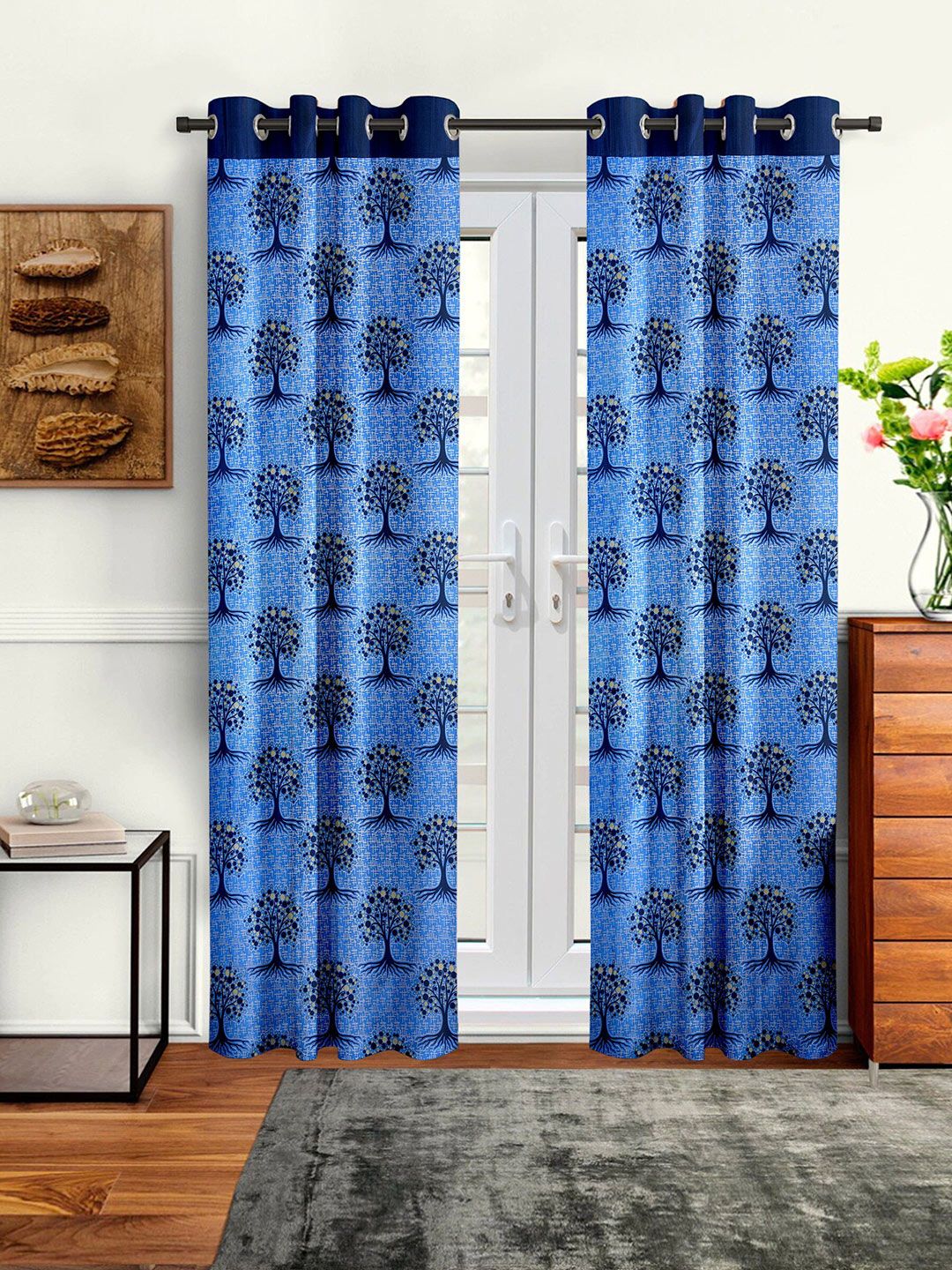 Cortina Blue & Beige Set of 2 Floral Door Curtain-image-46