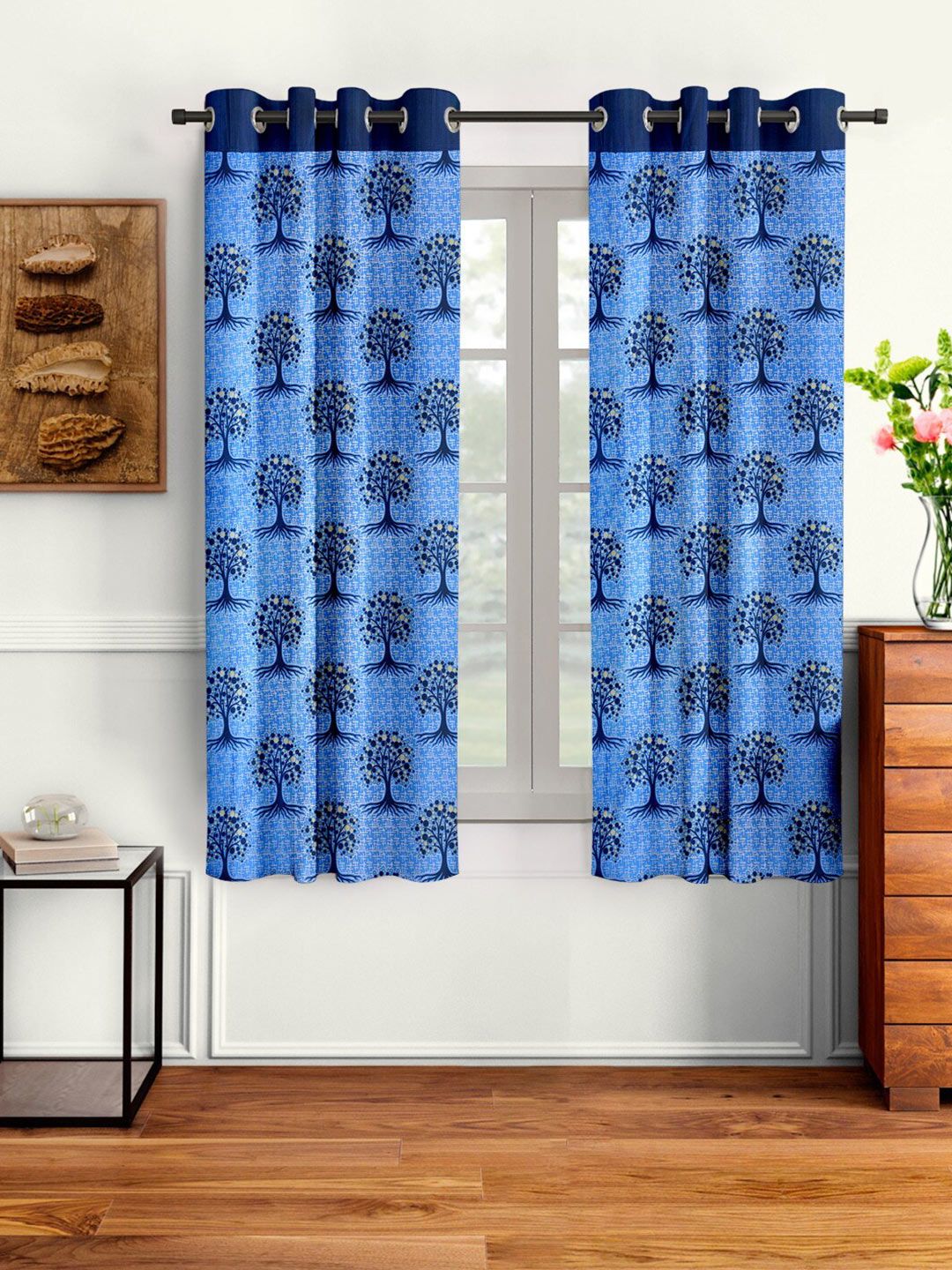 Cortina Blue & Black Set of 2 Floral Window Curtain-picture-39