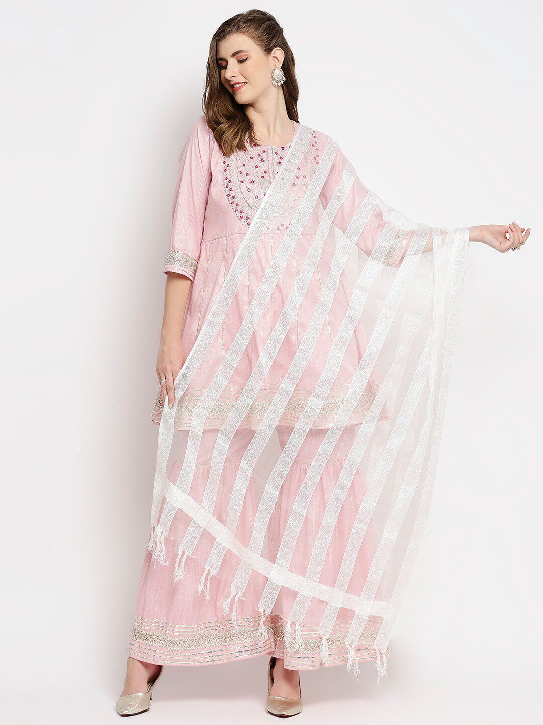 Dupatta Bazaar Off-White & Silver Striped Organza Dupatta