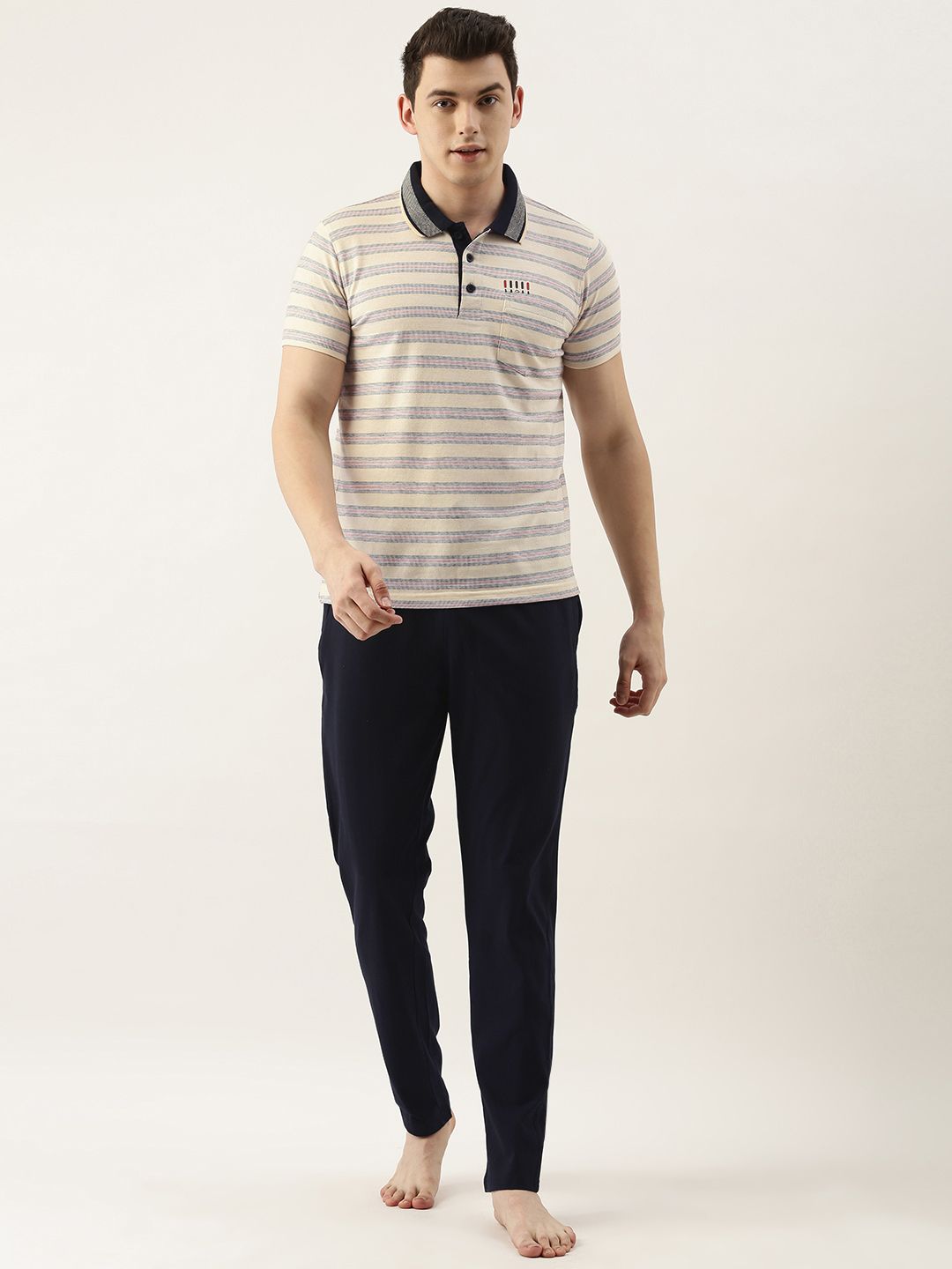 Sweet Dreams Men Cream-Coloured & Navy Blue Striped Night suit-picture-11