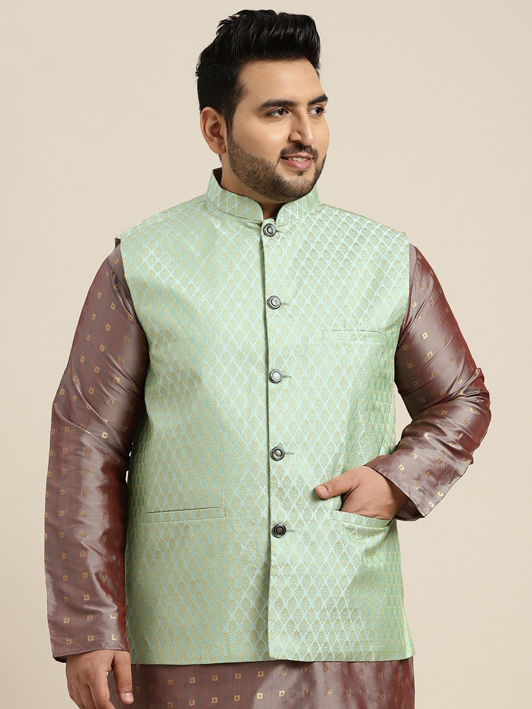 SOJANYA PLUS Men Plus Size Sea Green Ethnic Motifs Woven Design Jacquard Nehru Jacket-picture-57