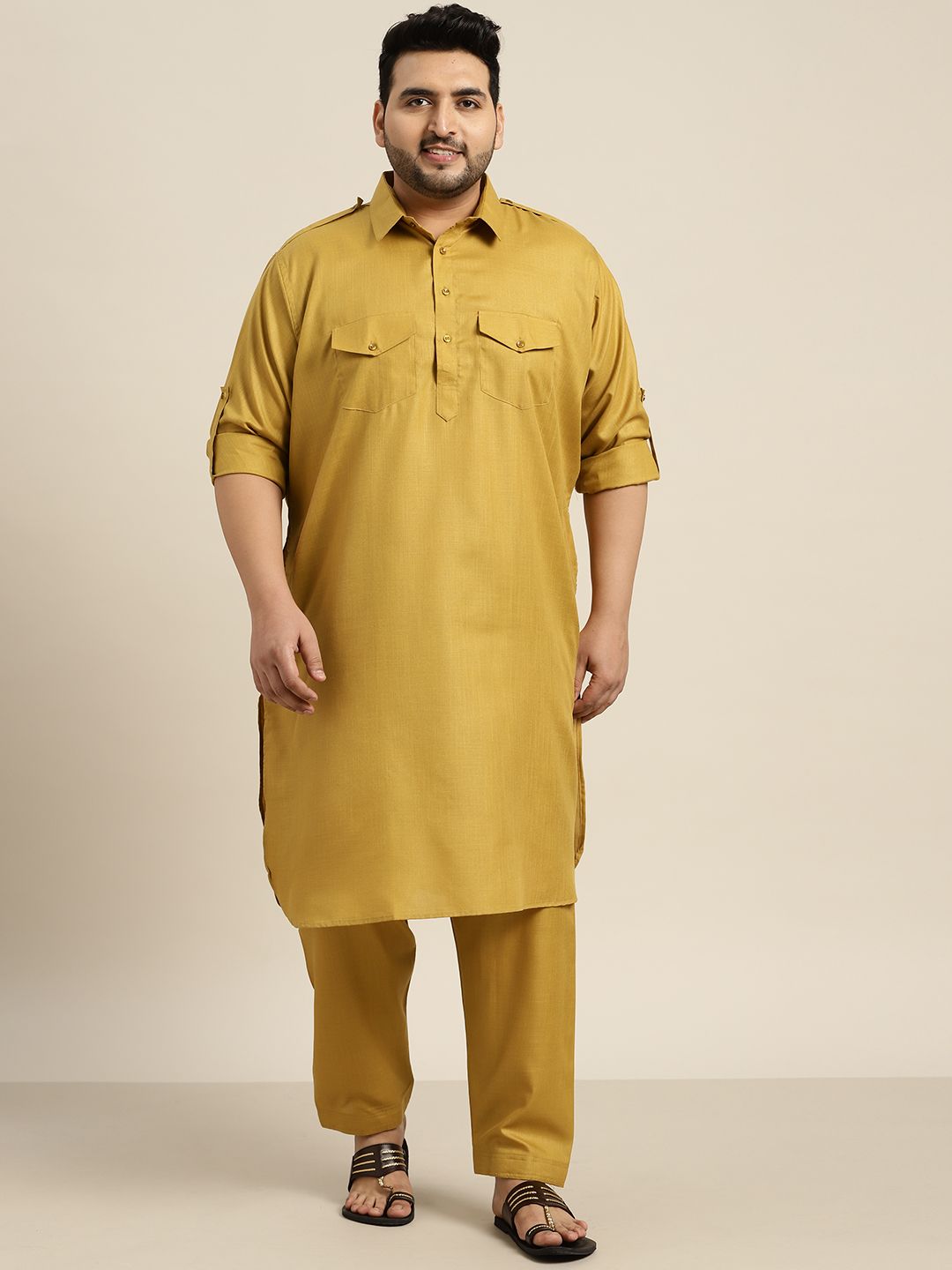 SOJANYA PLUS Men Mustard Yellow Pathani Kurta with Trousers-picture-33