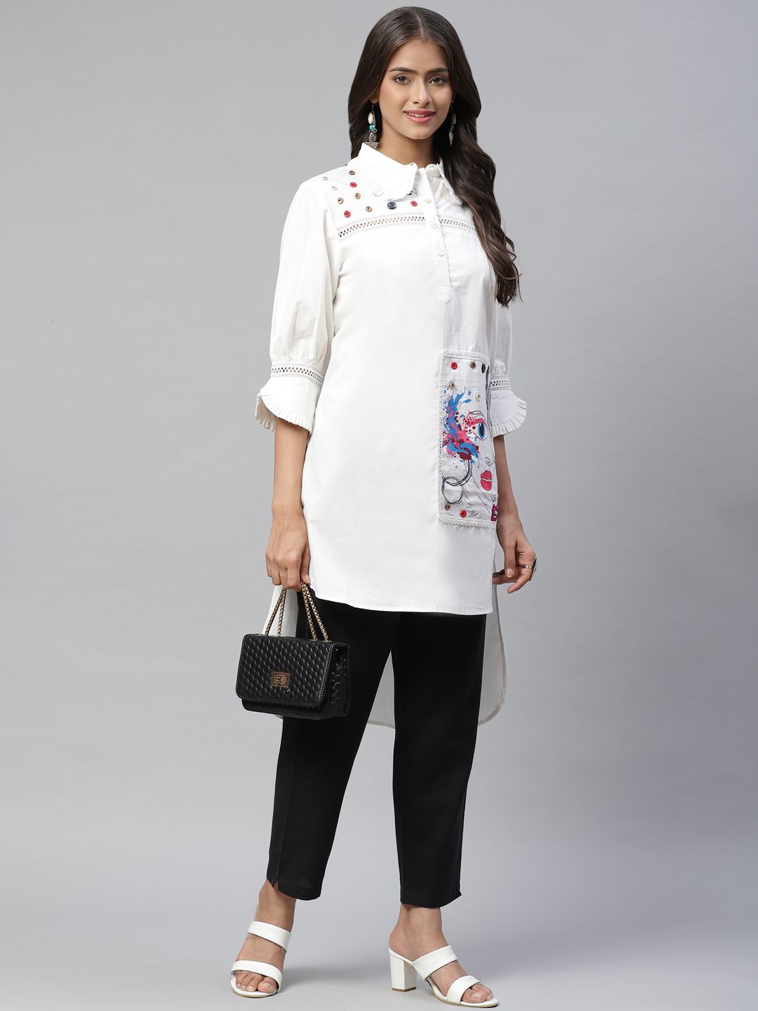 Buy Yellow Parrot YELLOW PARROT Women White Embellished Pure Cotton Casual  Shirt at Redfynd