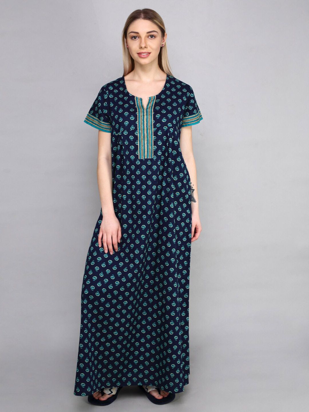 evolove Women Blue Printed Cotton Maxi Nightdress-picture-56