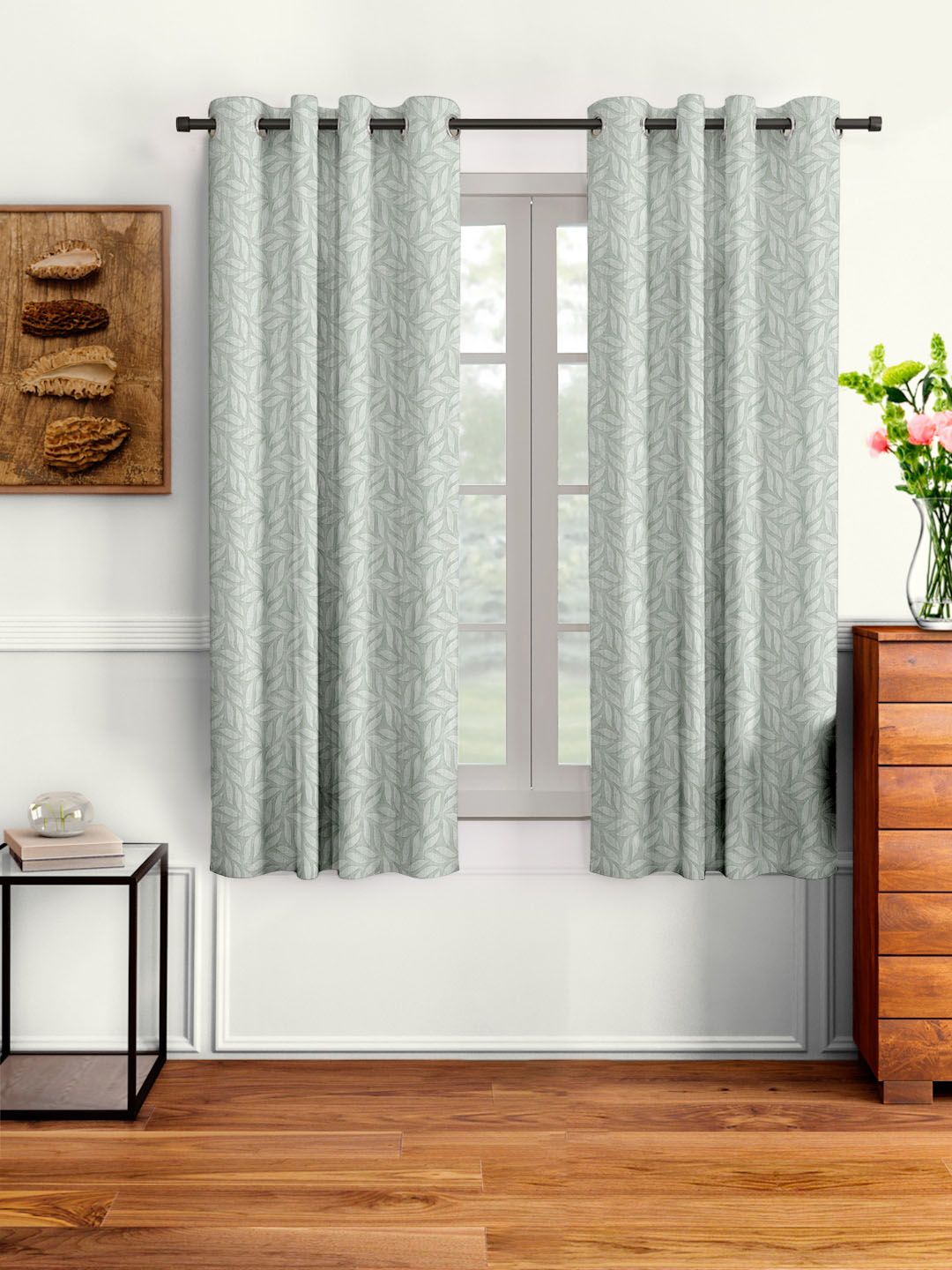 Cortina Set of 2 Grey Embossed Floral Print Polyester Window Curtains-picture-28
