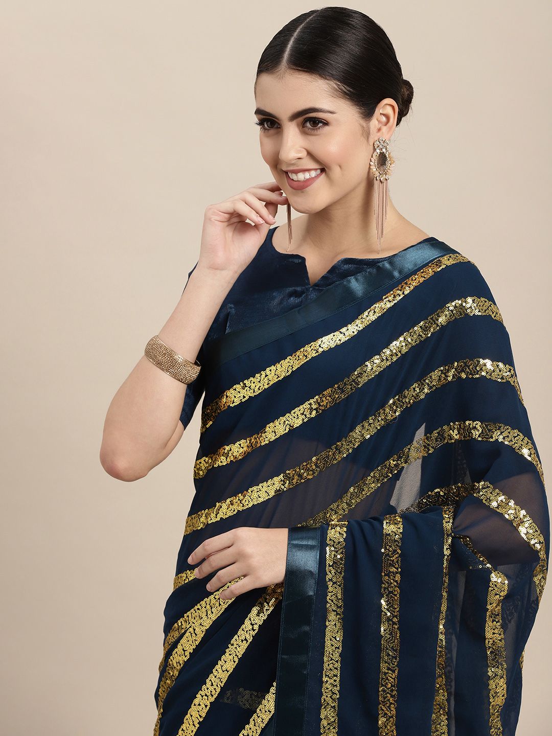 VAIRAGEE Teal Blue & Golden Sequinned Pure Georgette Saree