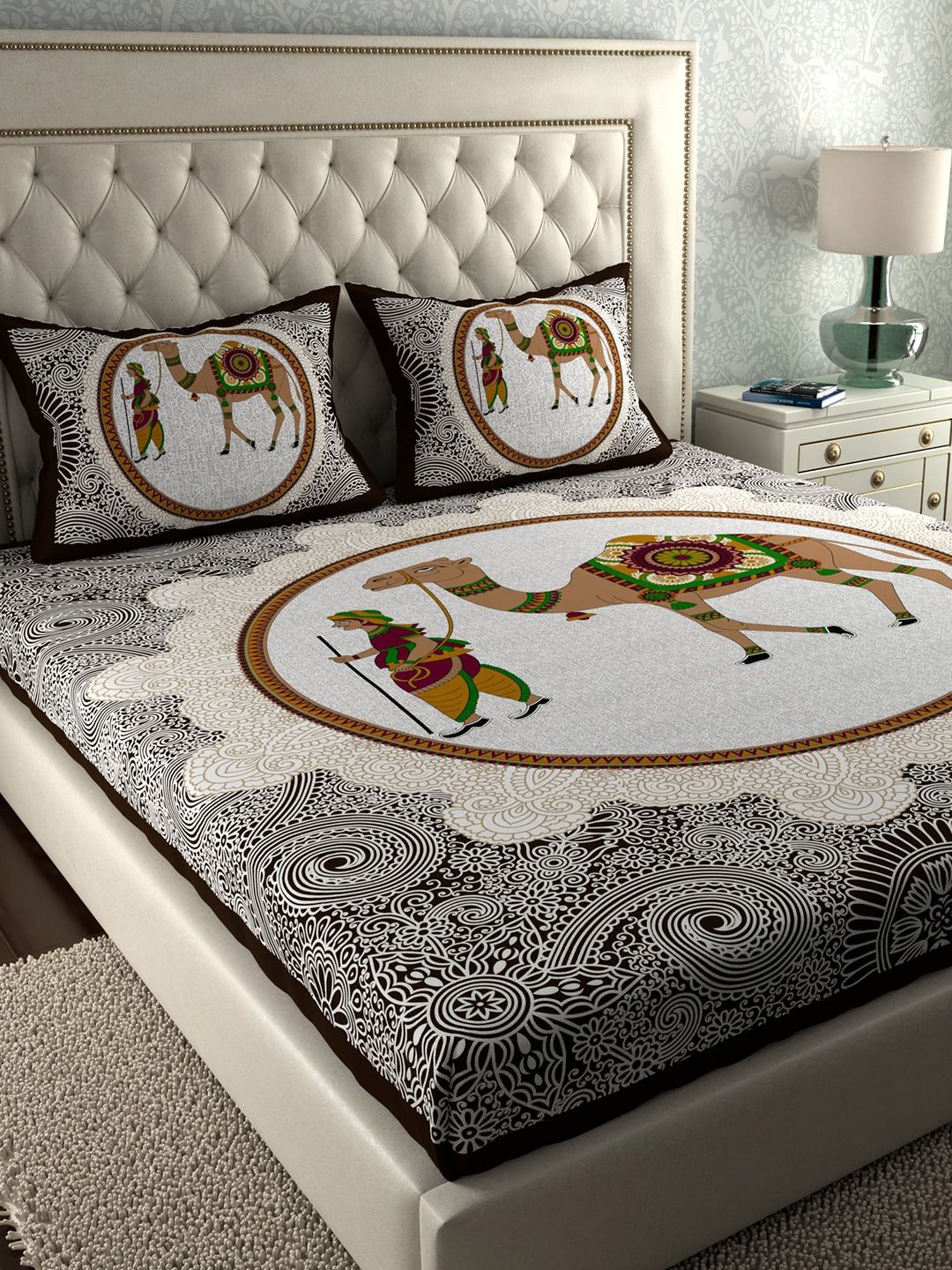 LA VERNE Grey & White Ethnic Motifs 104 TC Cotton Queen Bedsheet with 2 Pillow Covers-picture-7