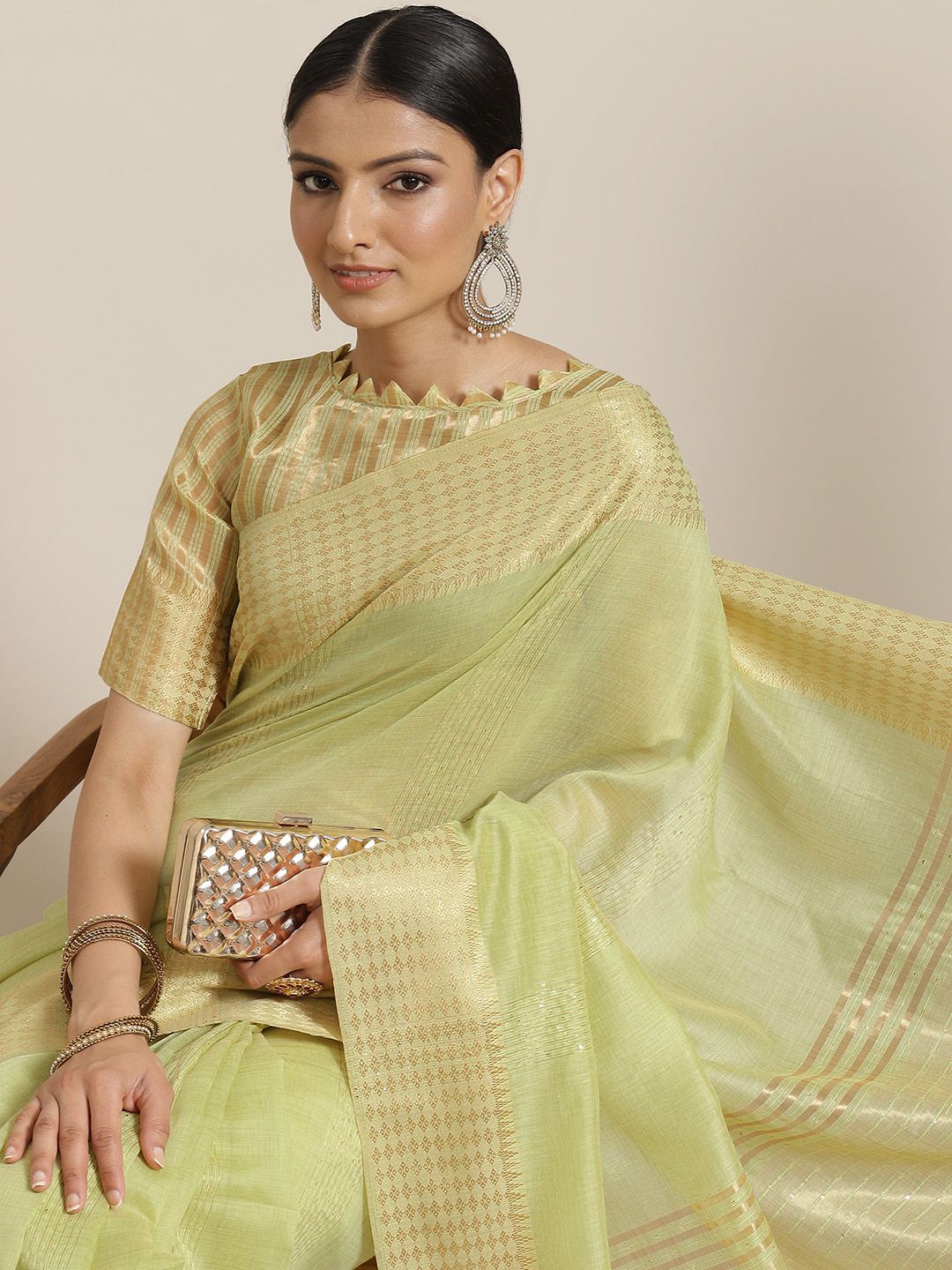 Mitera Green & Golden Self Striped Zari Saree