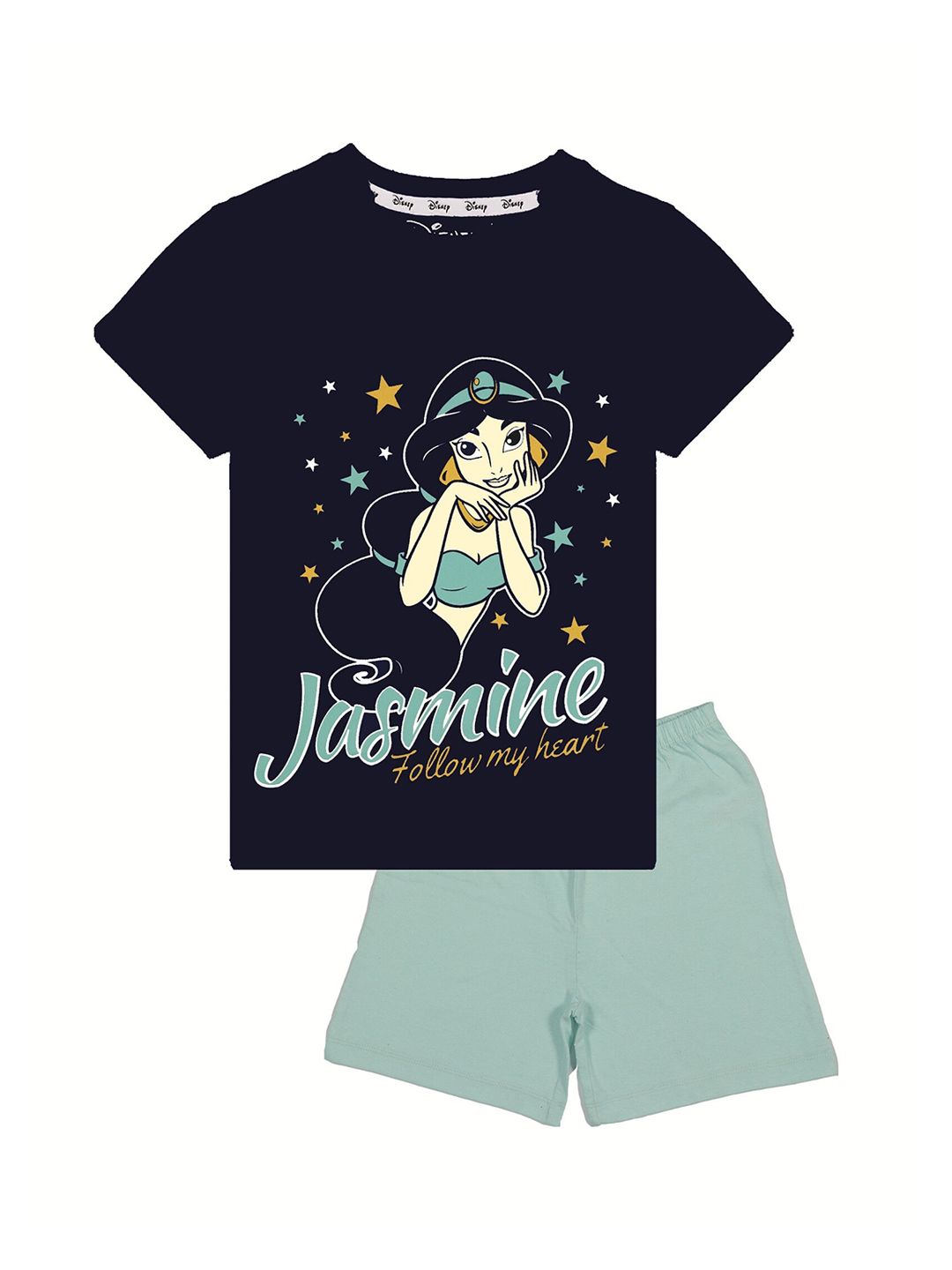 KINSEY Girls Navy Blue & Turquoise Blue Jasmin Printed T-shirt with Shorts