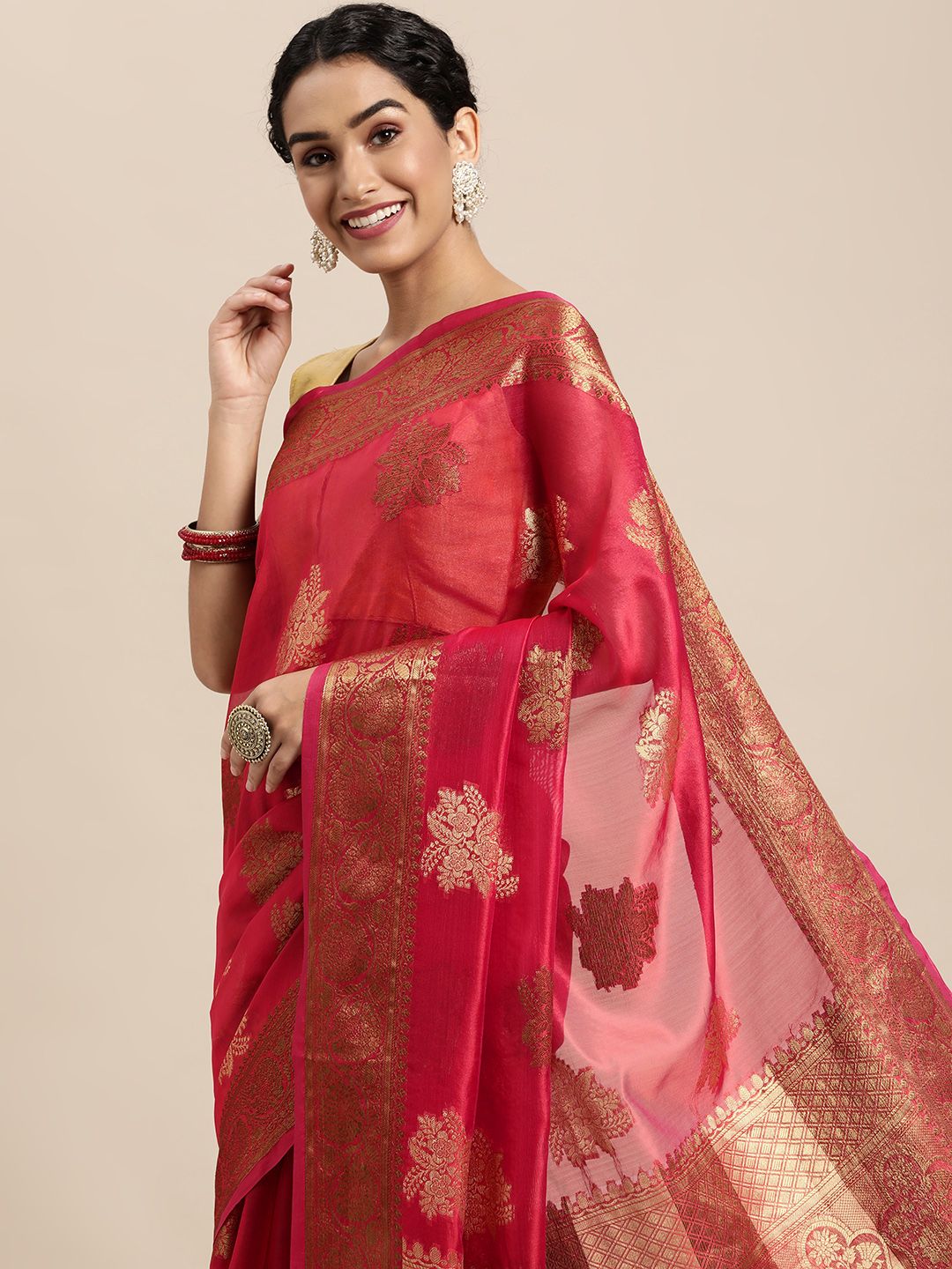 Mitera Red & Gold-Toned Ethnic Motifs Zari Organza Saree