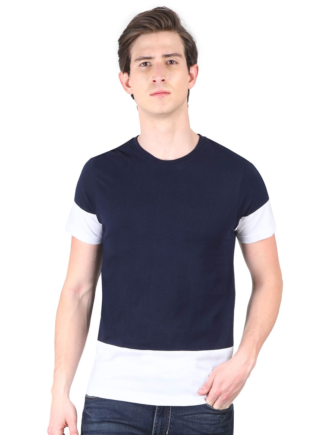 Fleximaa Men Navy Blue & White Colourblocked Cotton T-shirt-picture-27