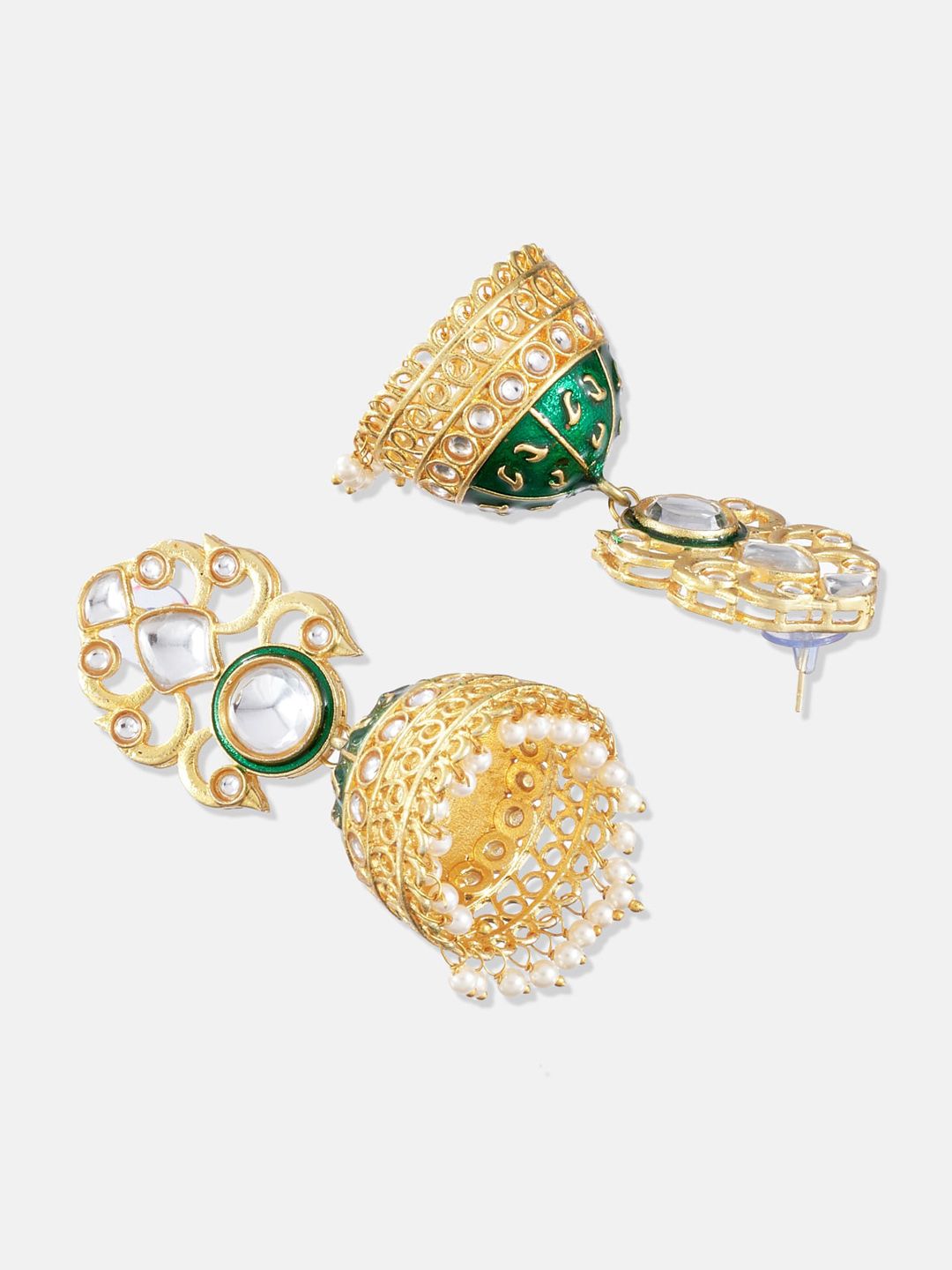 ATIBELLE Gold-Plated Green Peacock Shaped Jhumkas Earrings
