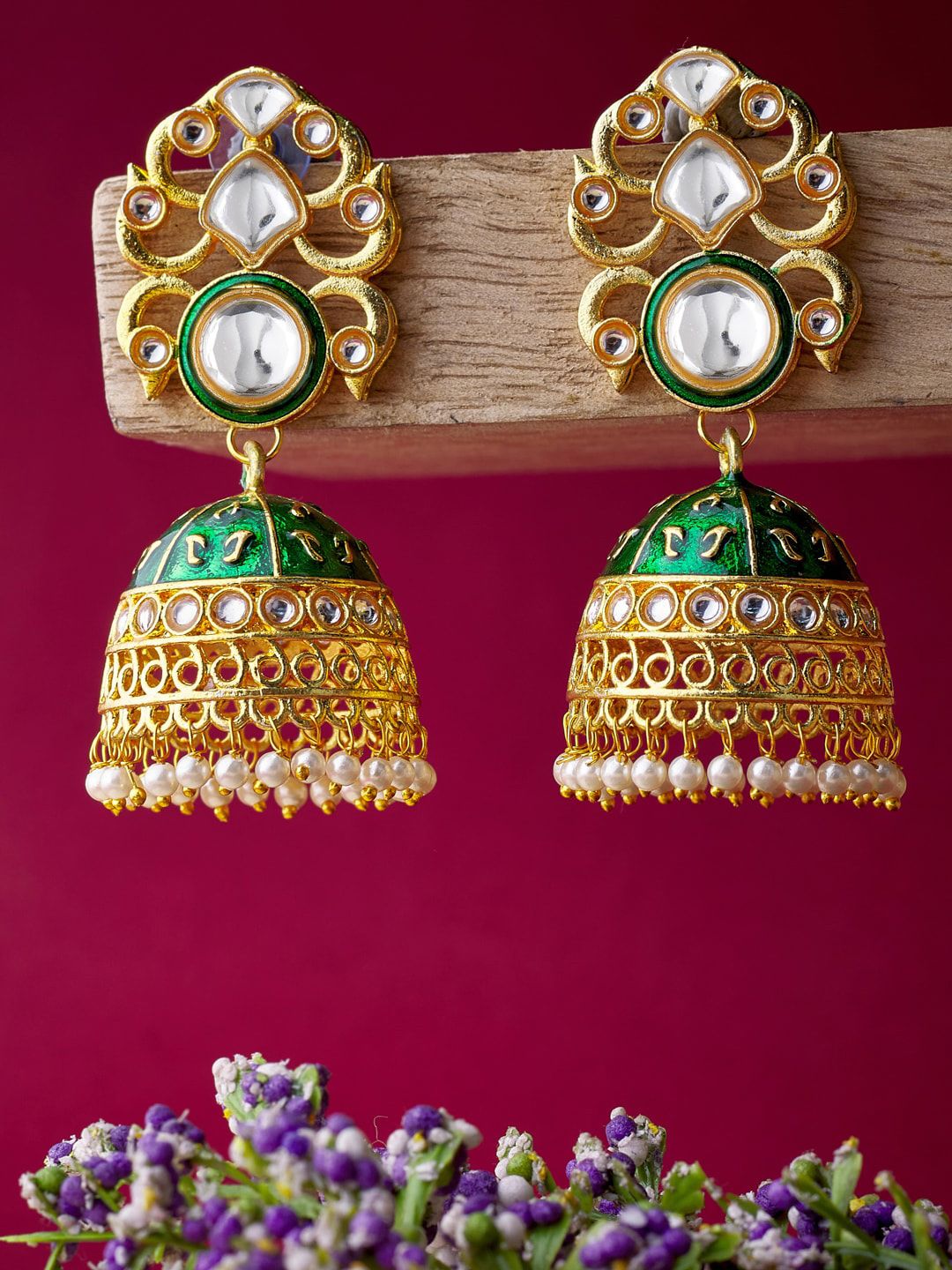 ATIBELLE Gold-Plated Green Peacock Shaped Jhumkas Earrings