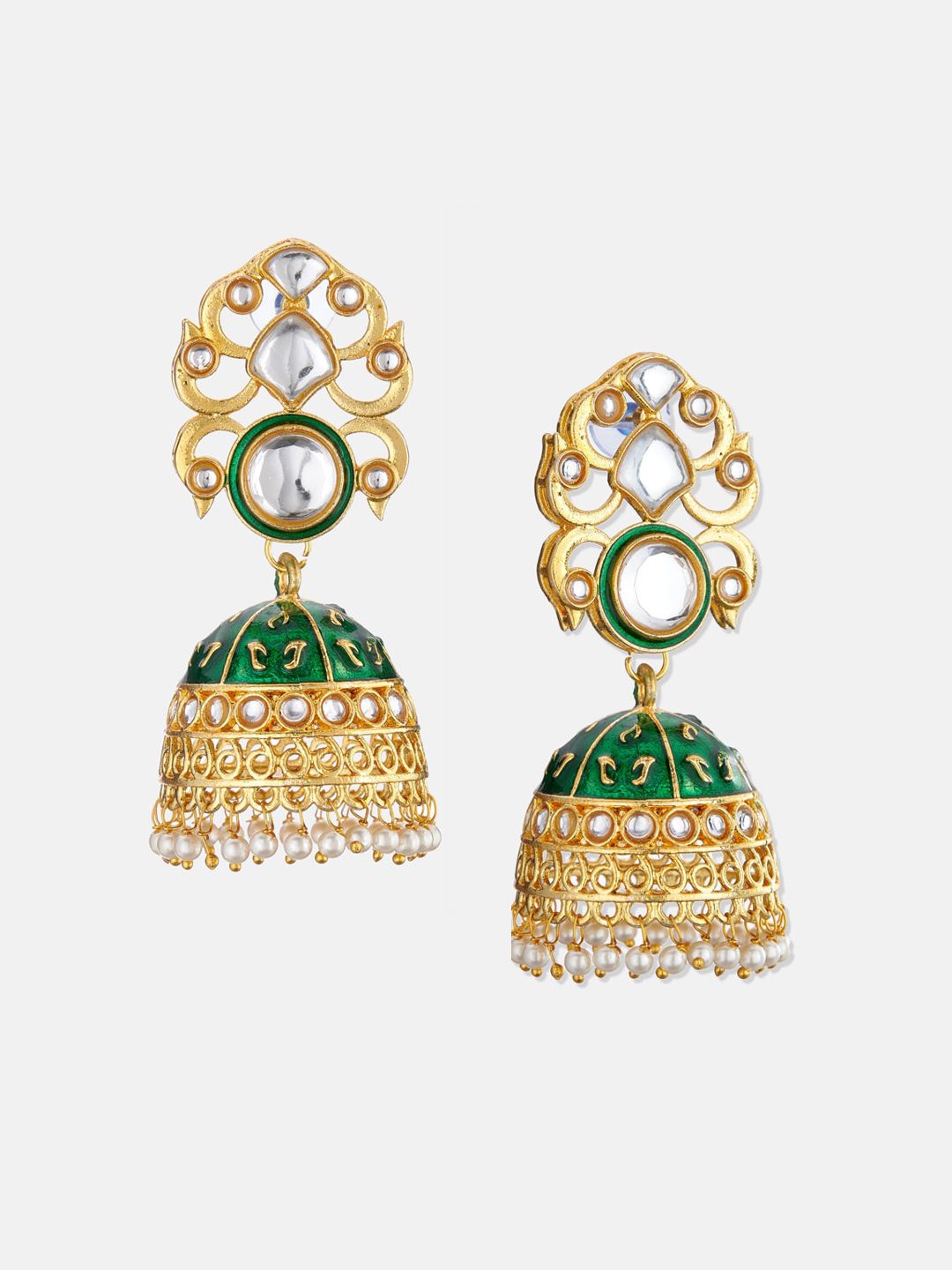 ATIBELLE Gold-Plated Green Peacock Shaped Jhumkas Earrings