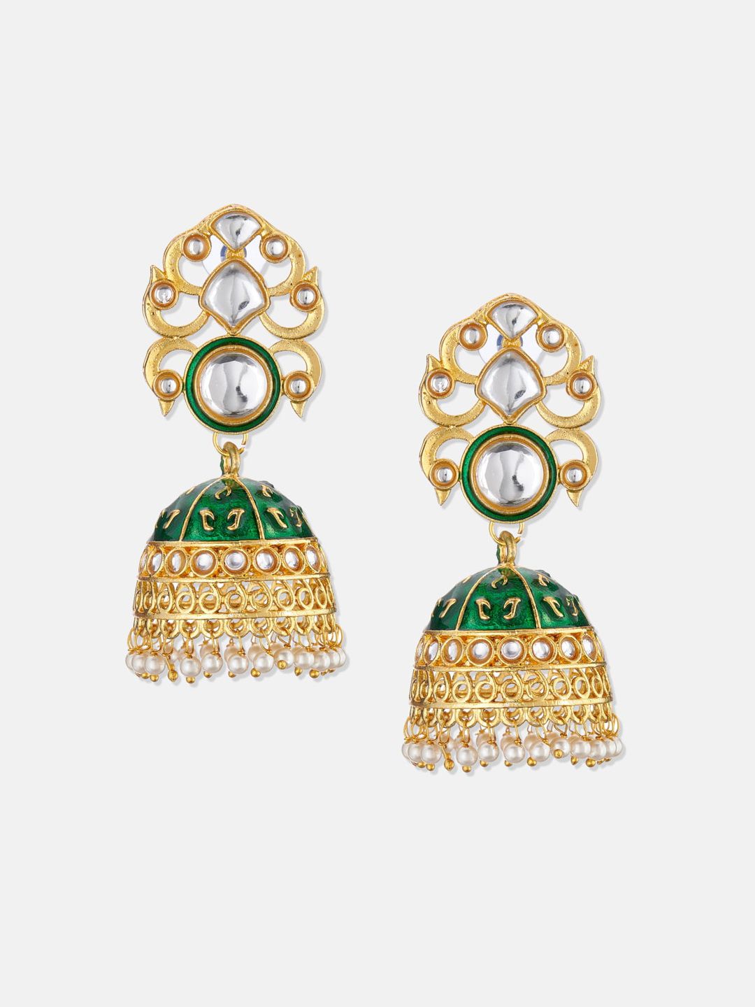 ATIBELLE Gold-Plated Green Peacock Shaped Jhumkas Earrings