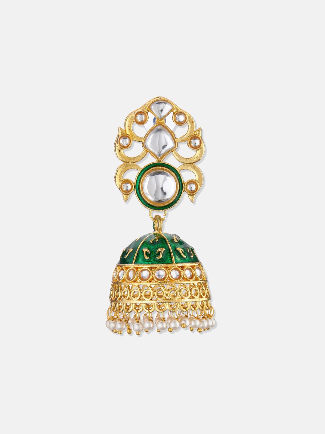ATIBELLE Gold-Plated Green Peacock Shaped Jhumkas Earrings