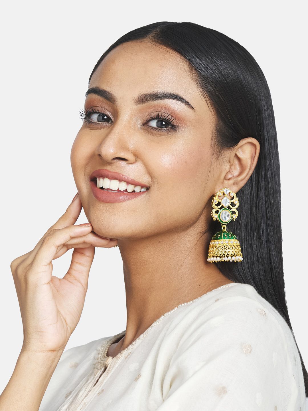 ATIBELLE Gold-Plated Green Peacock Shaped Jhumkas Earrings