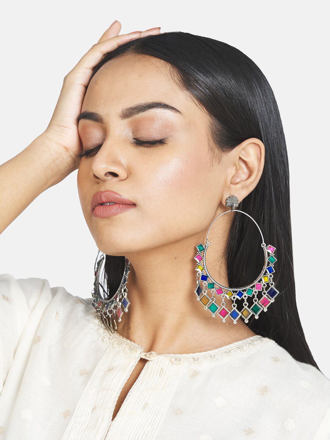 ATIBELLE Multicoloured Contemporary Silver-Plated Hoop Earrings