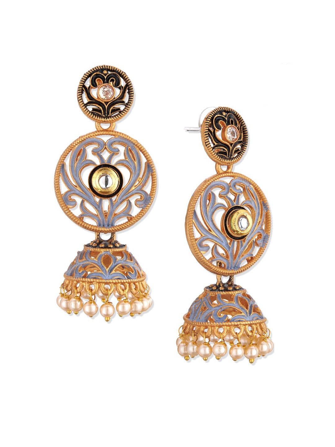 ATIBELLE Blue Floral Gold-Plated Kundan studded Jhumkas Earrings