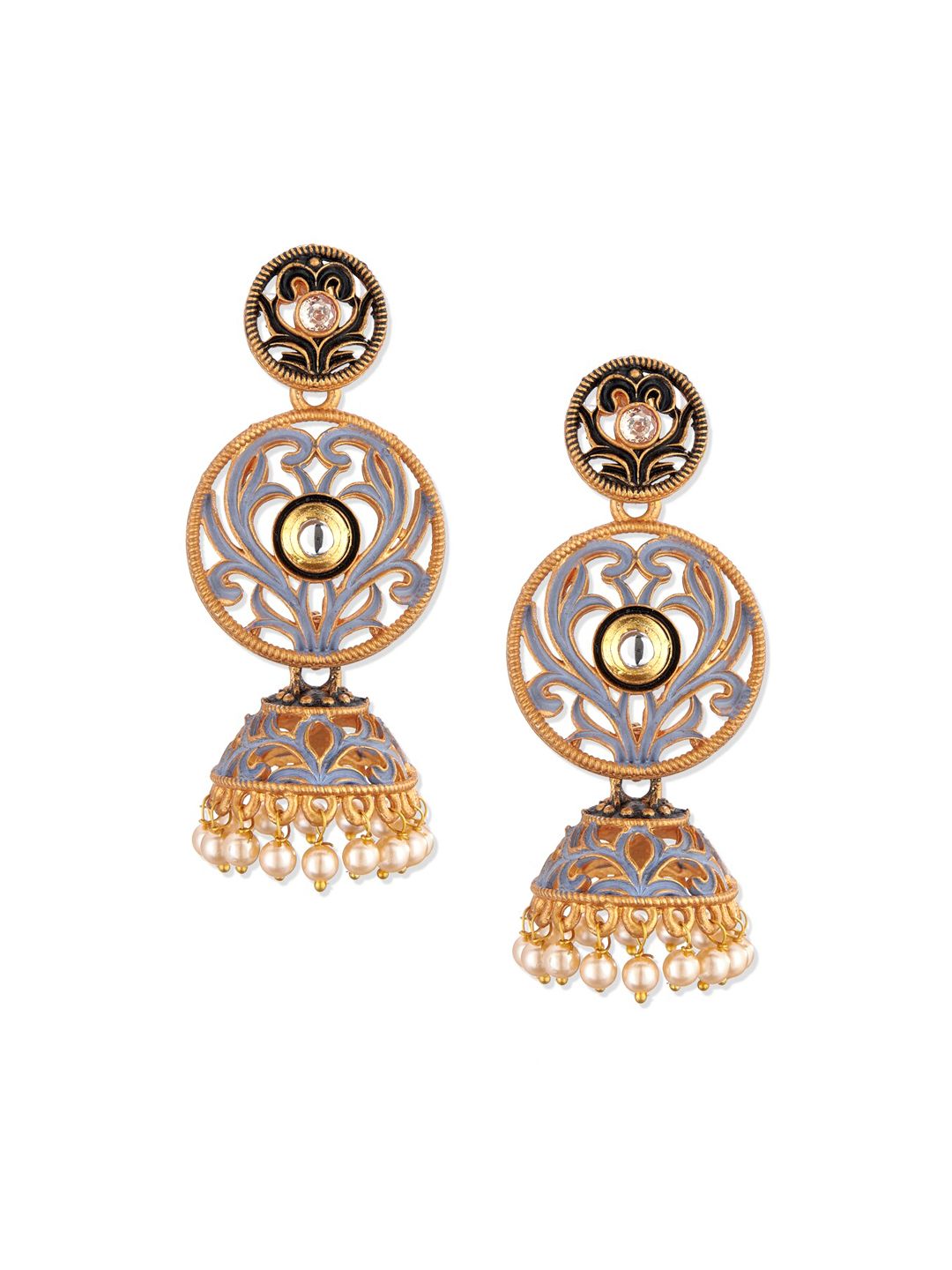 ATIBELLE Blue Floral Gold-Plated Kundan studded Jhumkas Earrings