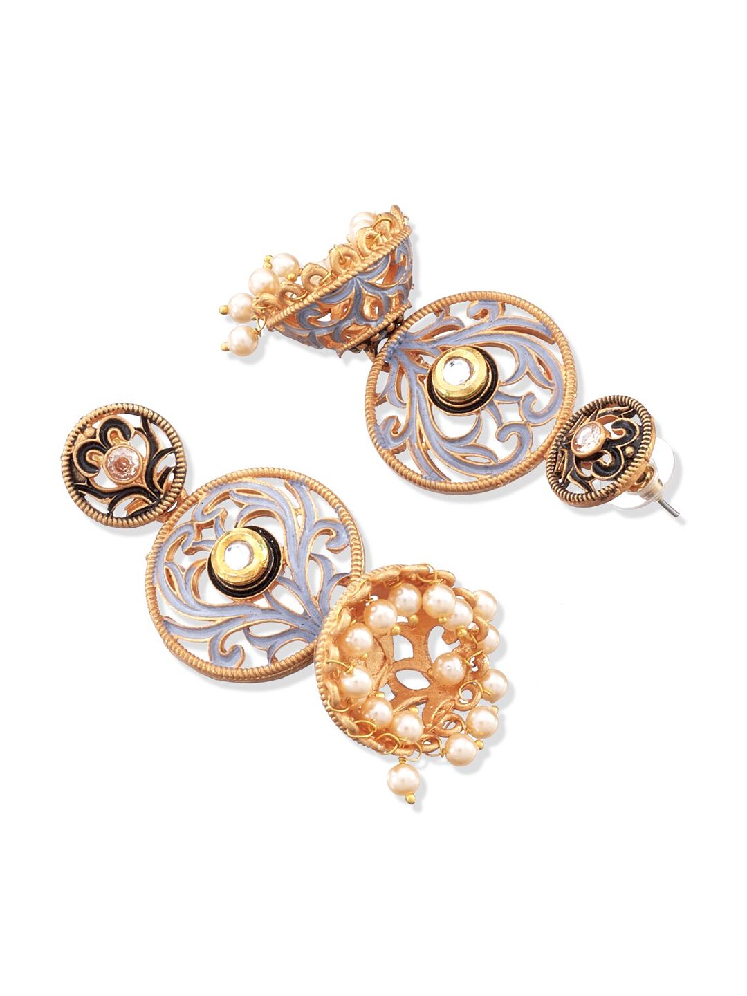 ATIBELLE Blue Floral Gold-Plated Kundan studded Jhumkas Earrings