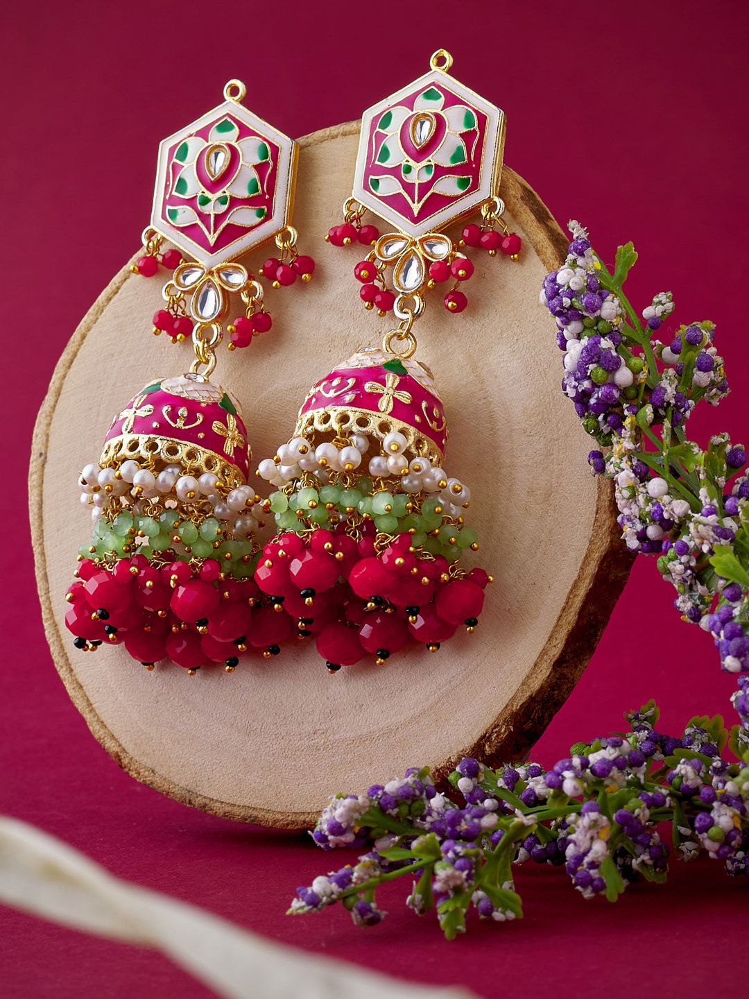 ATIBELLE Pink Floral Jhumkas Earrings
