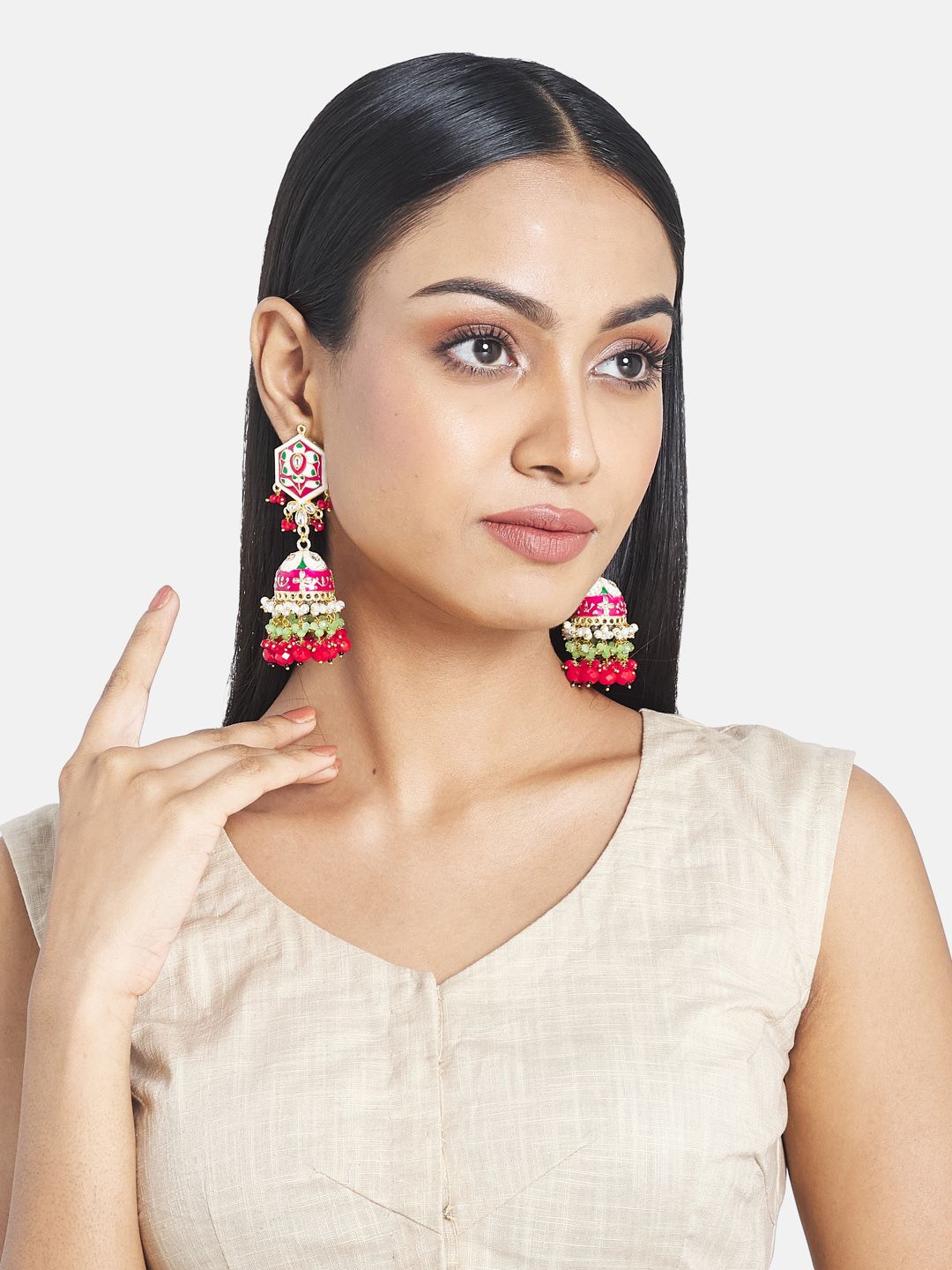 ATIBELLE Pink Floral Jhumkas Earrings