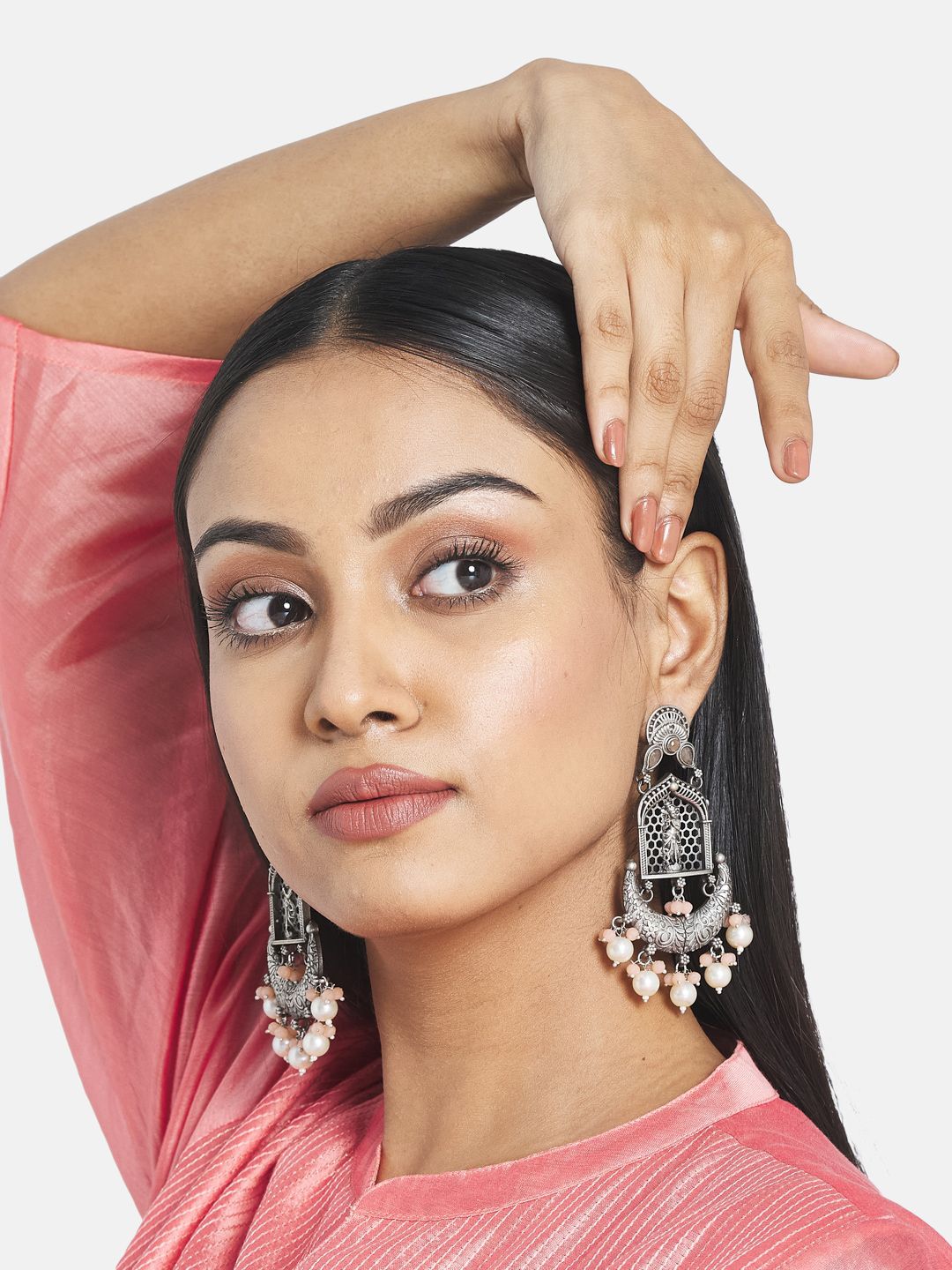 ATIBELLE Silver-Toned & White Contemporary Drop Earrings