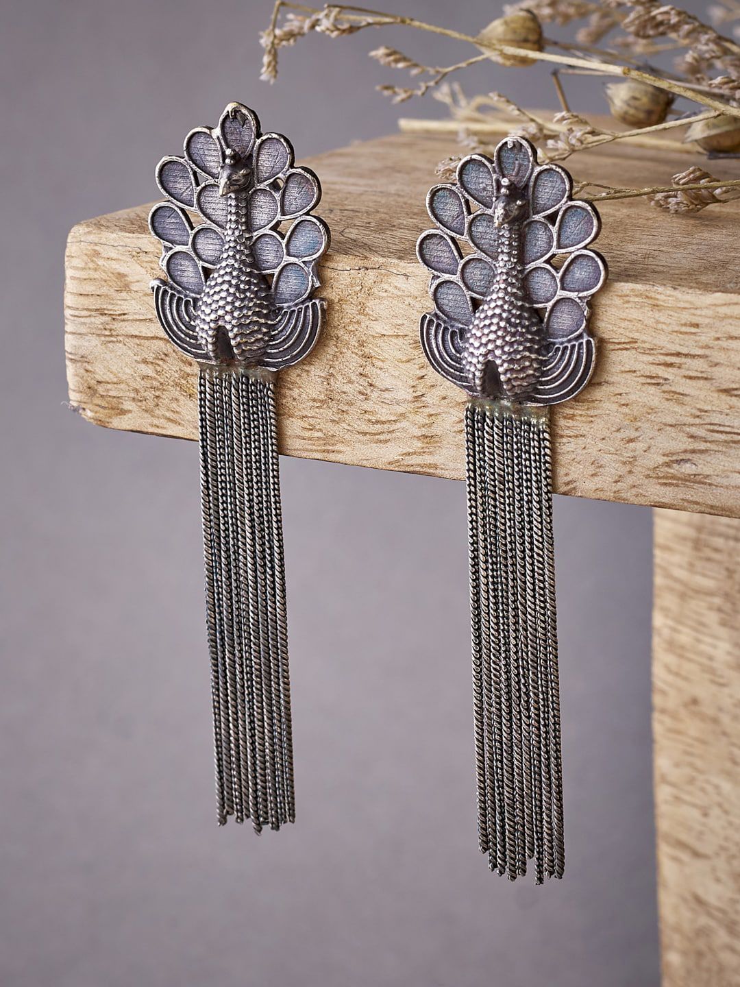 ATIBELLE Silver-Toned Peacock Shaped Drop Earrings