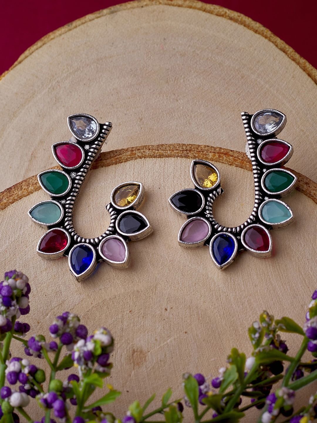 ATIBELLE Silver-Plated & Red Contemporary Drop Earrings