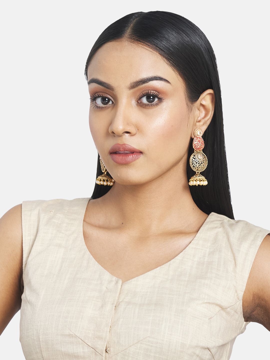 ATIBELLE Copper-Toned & Red Gold-Plated Antique Contemporary Pearls Drop Earrings