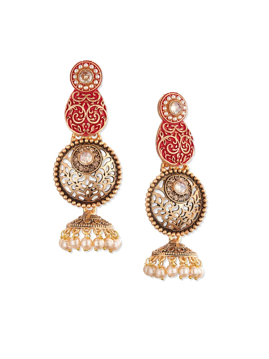 ATIBELLE Copper-Toned & Red Gold-Plated Antique Contemporary Pearls Drop Earrings